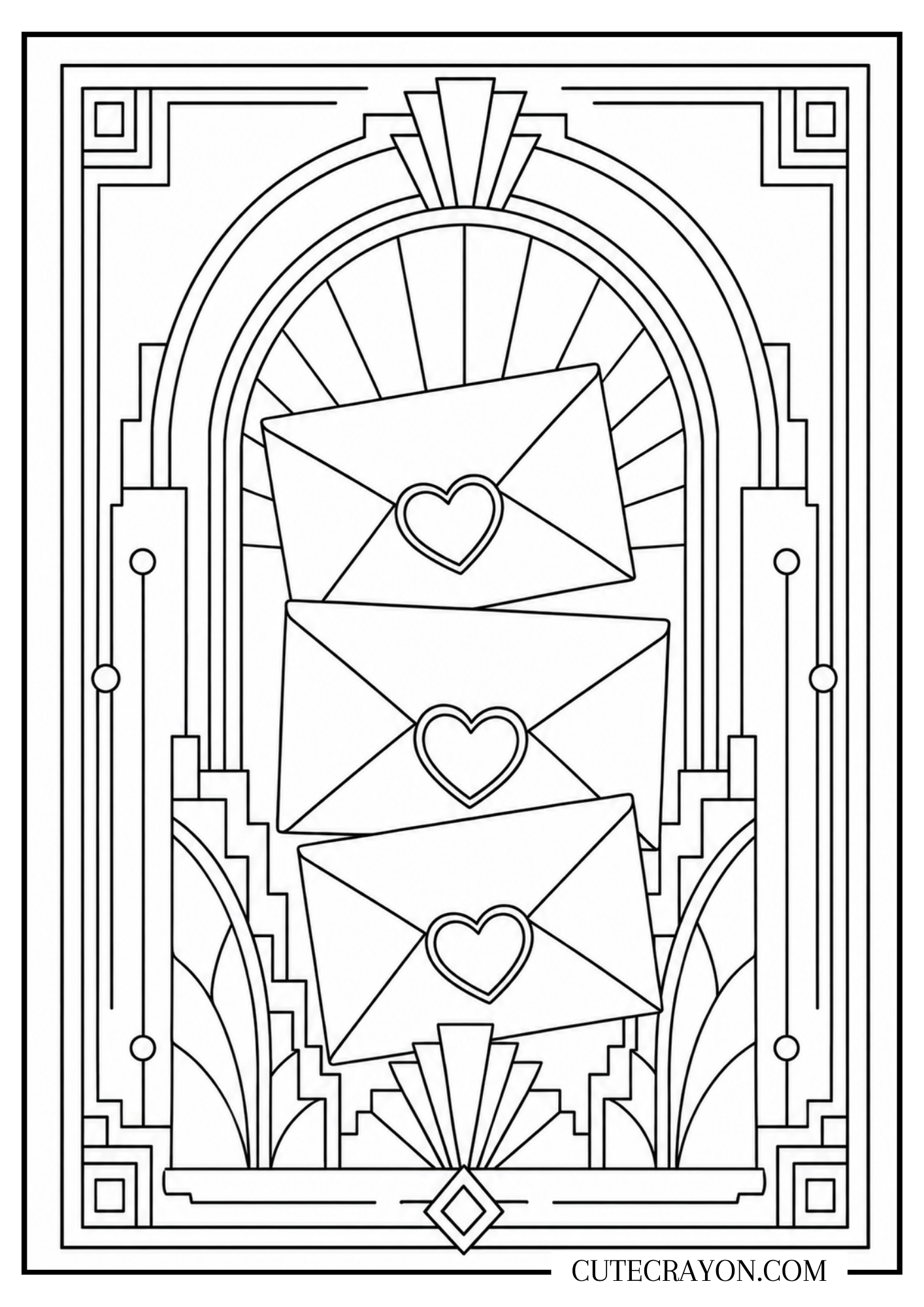 Aesthetic coloring page, free printable PDF, featuring three stacked love letters with heart seals in an Art Deco–inspired frame with geometric borders and vintage details.