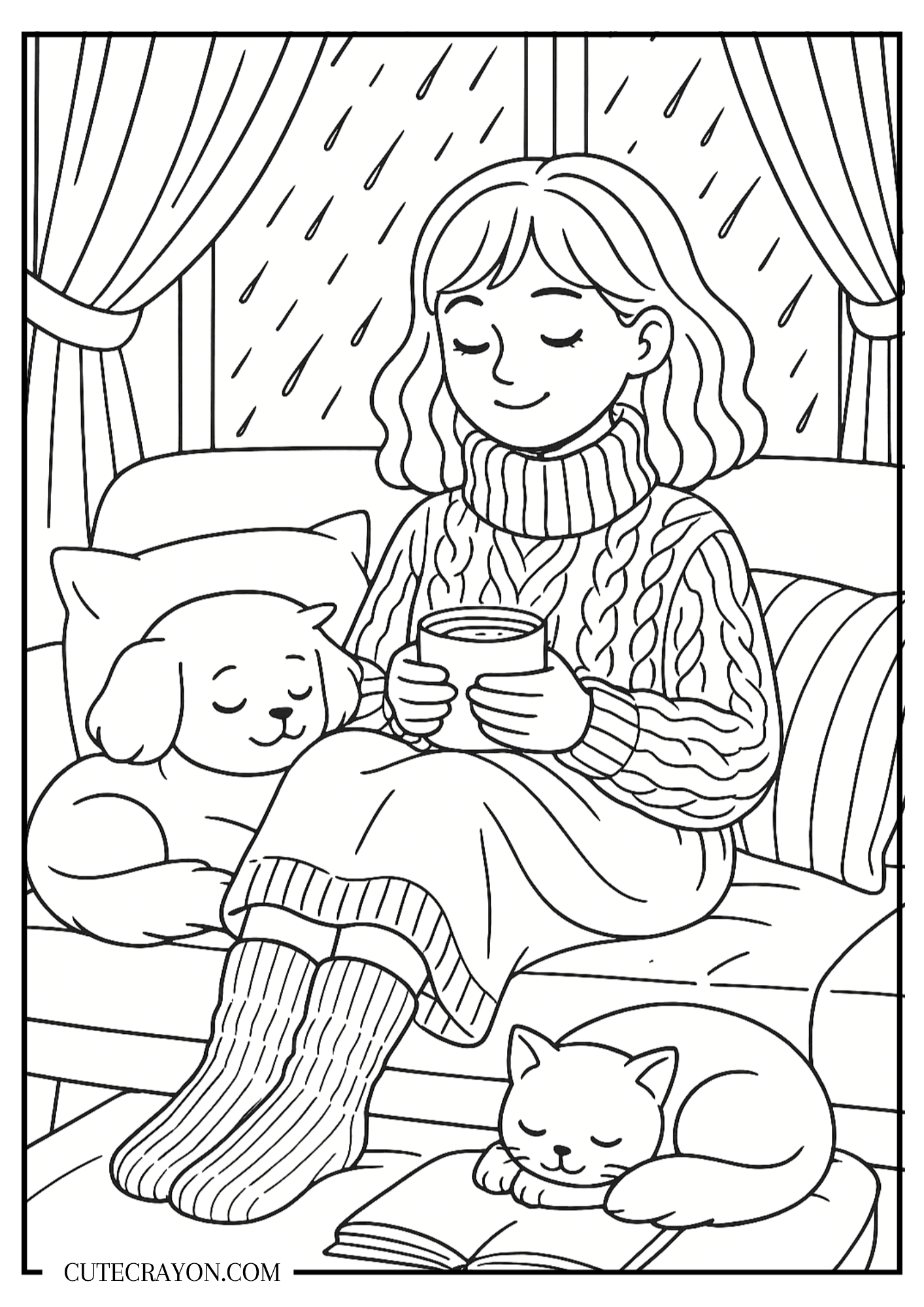 Cozy fall coloring page, free printable PDF, featuring a girl in a warm sweater holding a mug on the couch with a sleeping dog, a resting cat, an open book, curtains, and rain outside.