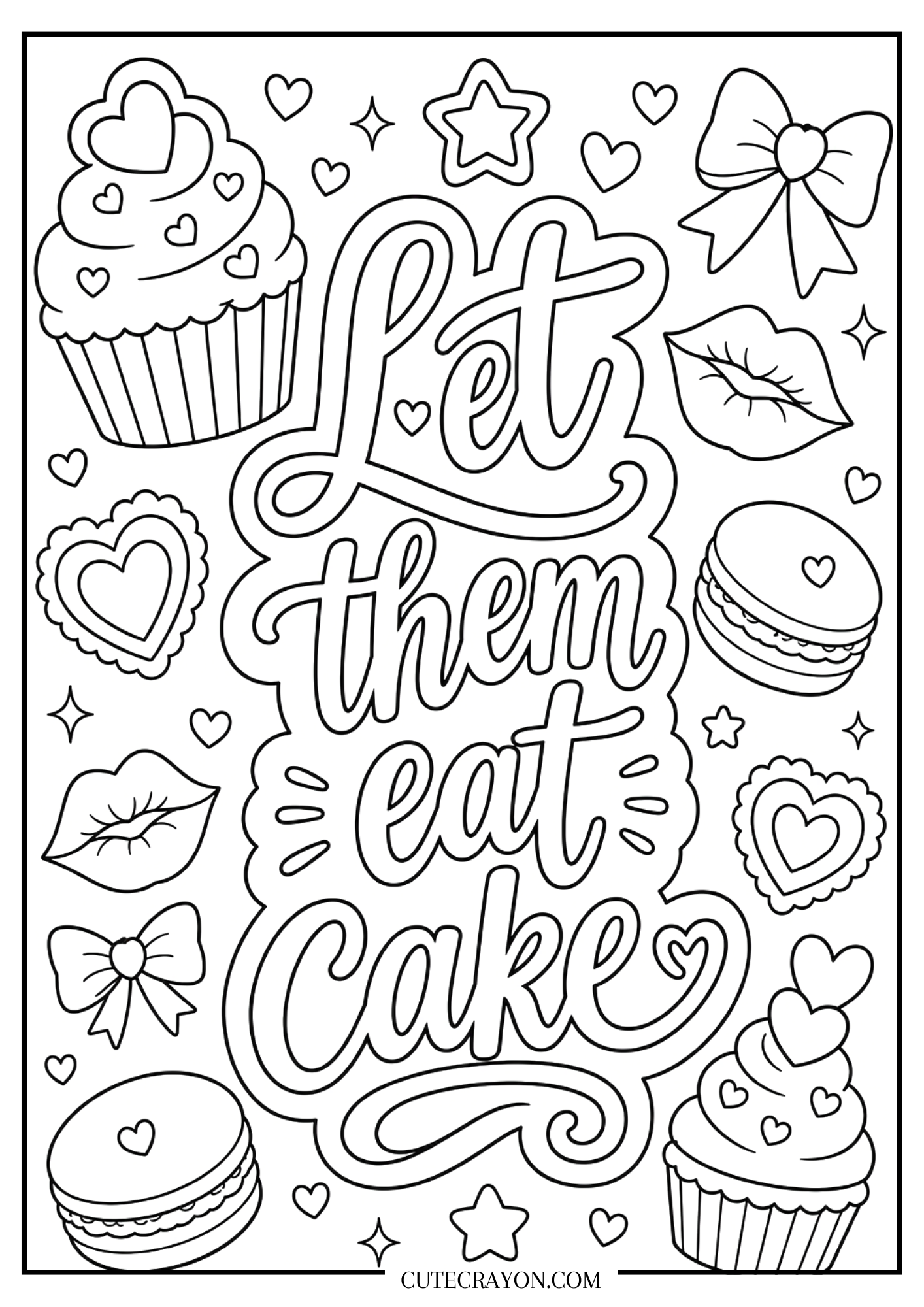 Printable cake coloring page featuring “Let them eat cake” lettering with cupcakes, macarons, bows, lips, hearts, and sparkles.