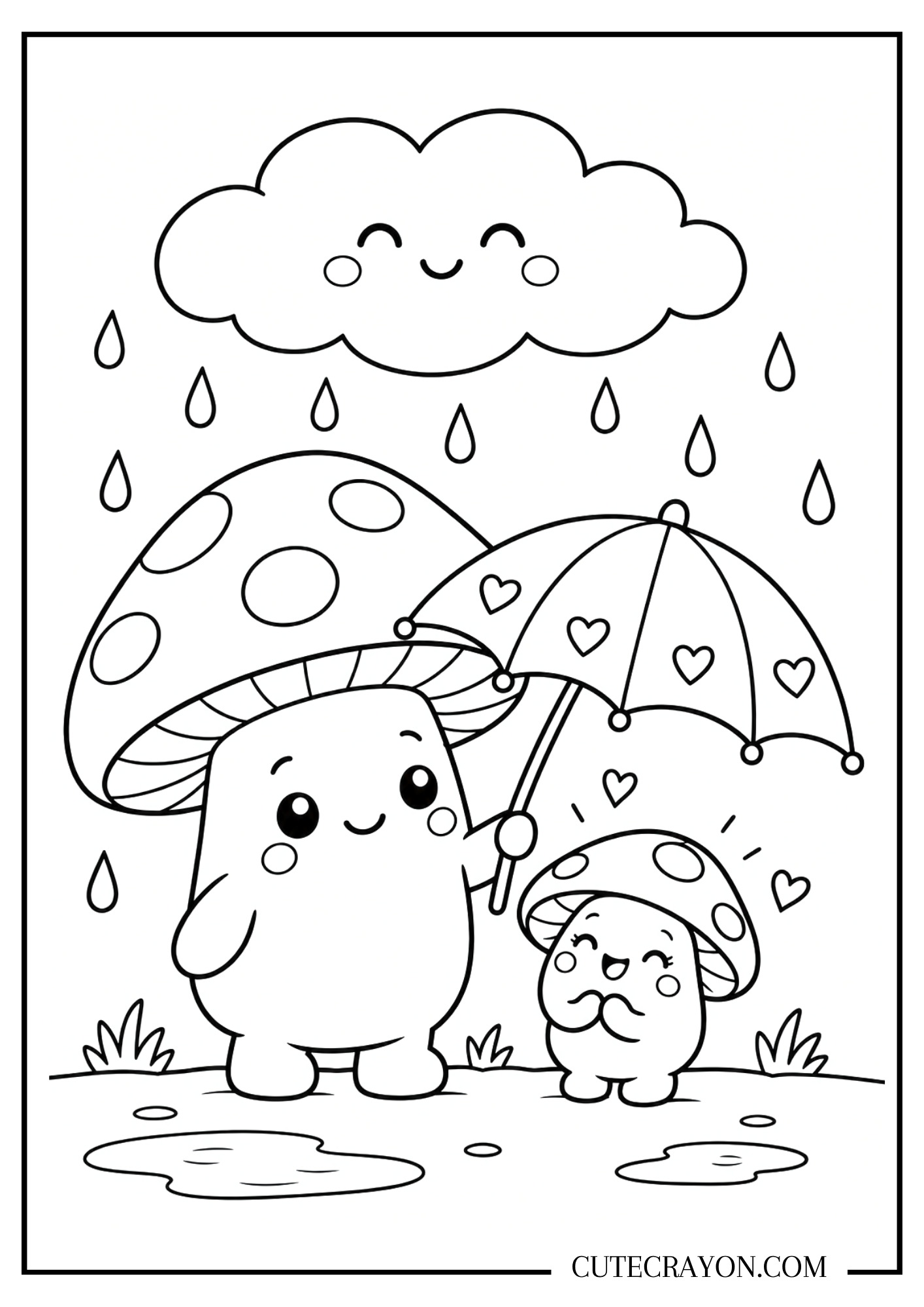 Fall themed coloring pages for kids, free printable PDF, featuring two cute smiling mushrooms under a heart-pattern umbrella in the rain, with a happy cloud and puddles.