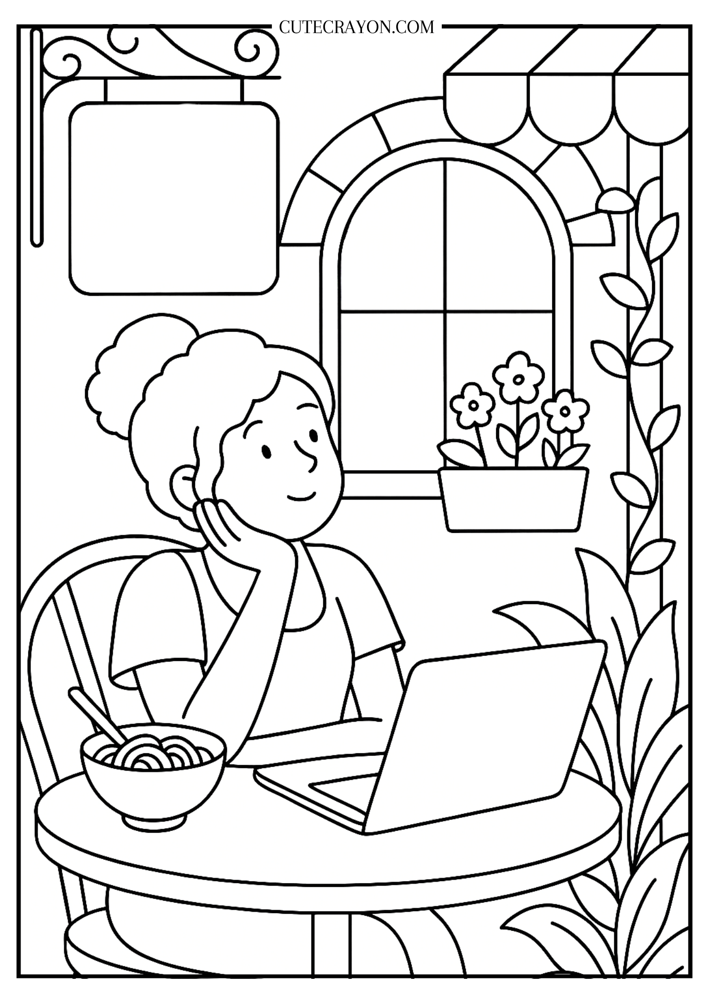 Aesthetic cute cafe coloring page, free printable PDF, featuring a smiling woman sitting at a café table with a laptop and a bowl of noodles, surrounded by plants, a flower box, and a charming window scene.