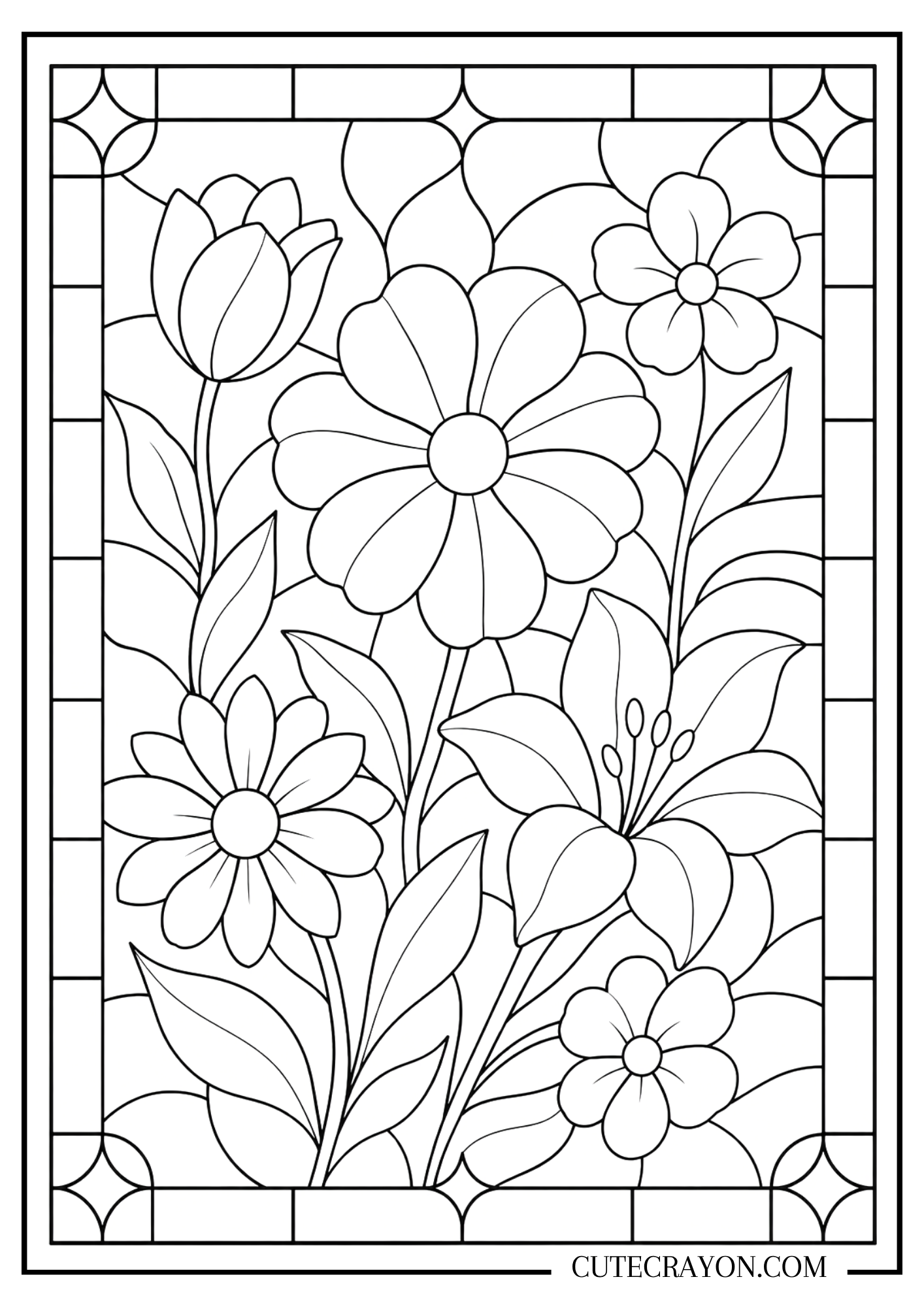 Pretty and aesthetic flower coloring page, free printable PDF, featuring a beautiful floral design with blooming flowers, leafy stems, and a decorative framed border.