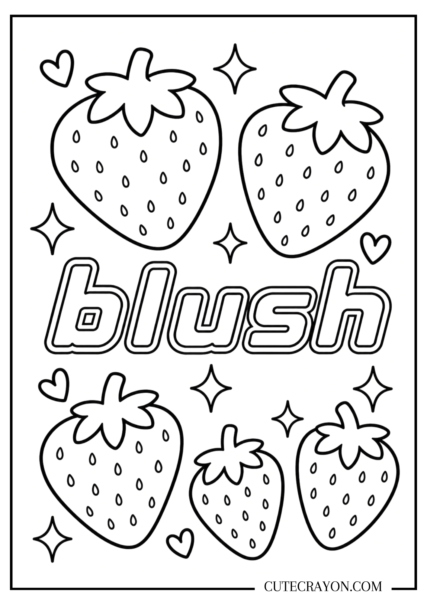 Cute girly coloring pages for teens featuring the word “blush” in bold bubble letters, surrounded by strawberries, hearts, and sparkly star doodles.