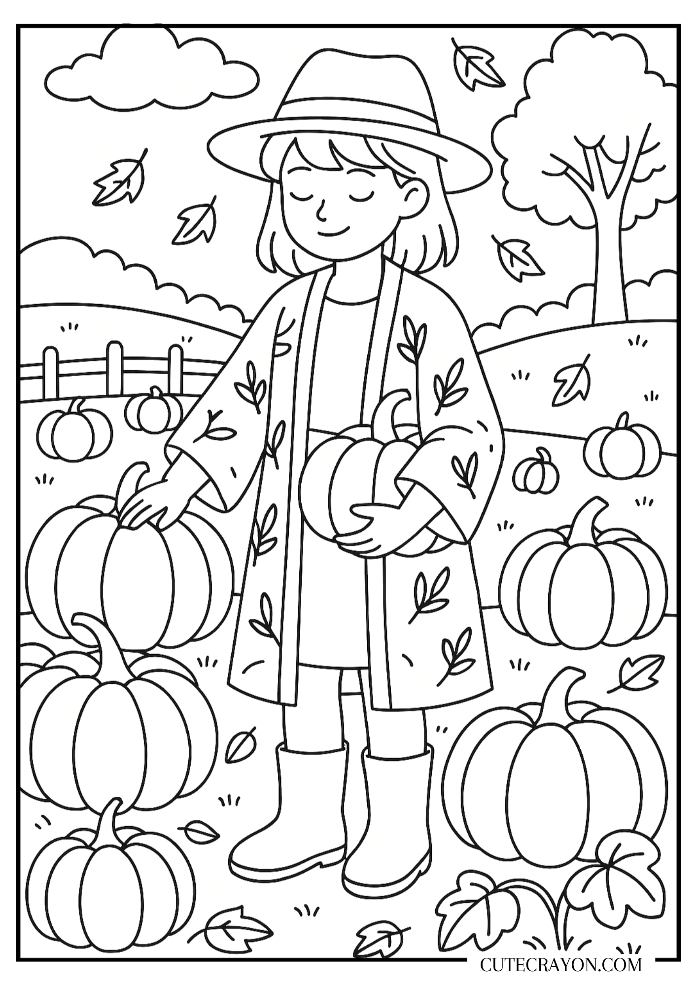Pumpkin patch fall coloring page, free printable PDF, featuring a girl in a hat and boots holding a pumpkin while standing in a pumpkin patch with autumn leaves, trees, and more pumpkins all around.