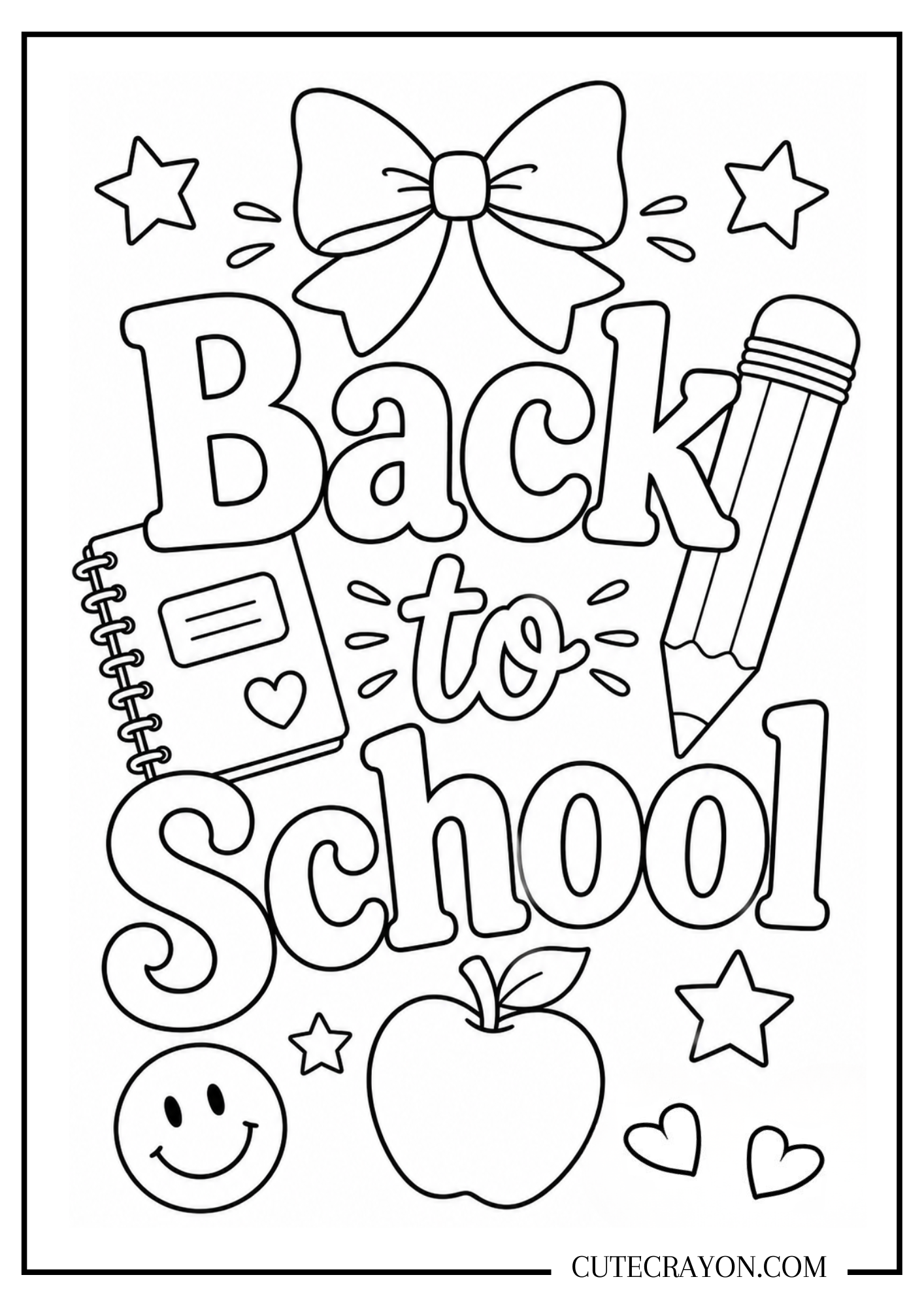 Back to school preppy coloring sheet featuring bold “Back to School” lettering with a bow, pencil, notebook, apple, smiley face, hearts, and stars.