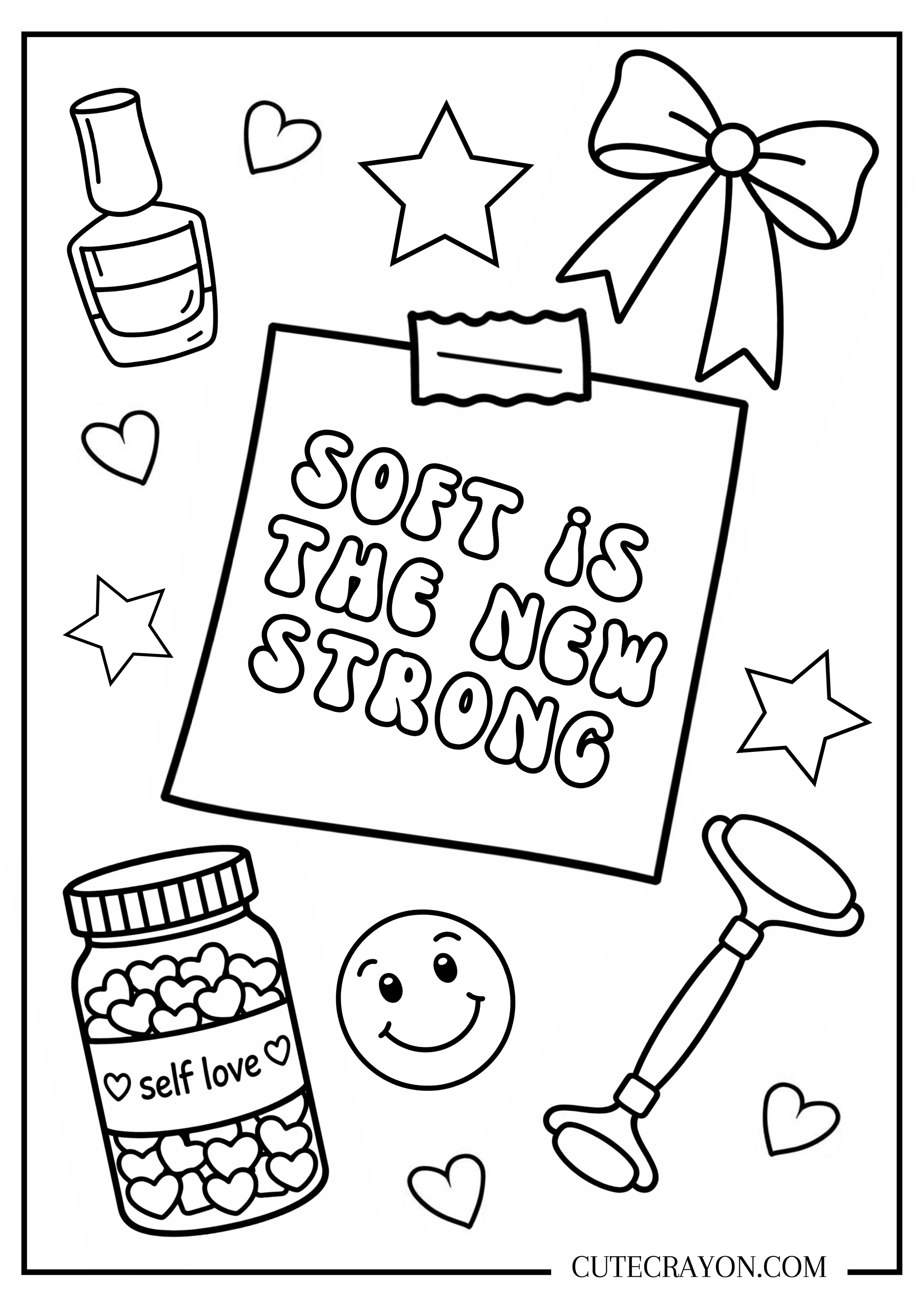 coloring page for teenagers featuring nail polish, bow, post-it with the quote soft is the new strong it is a free printable pdf