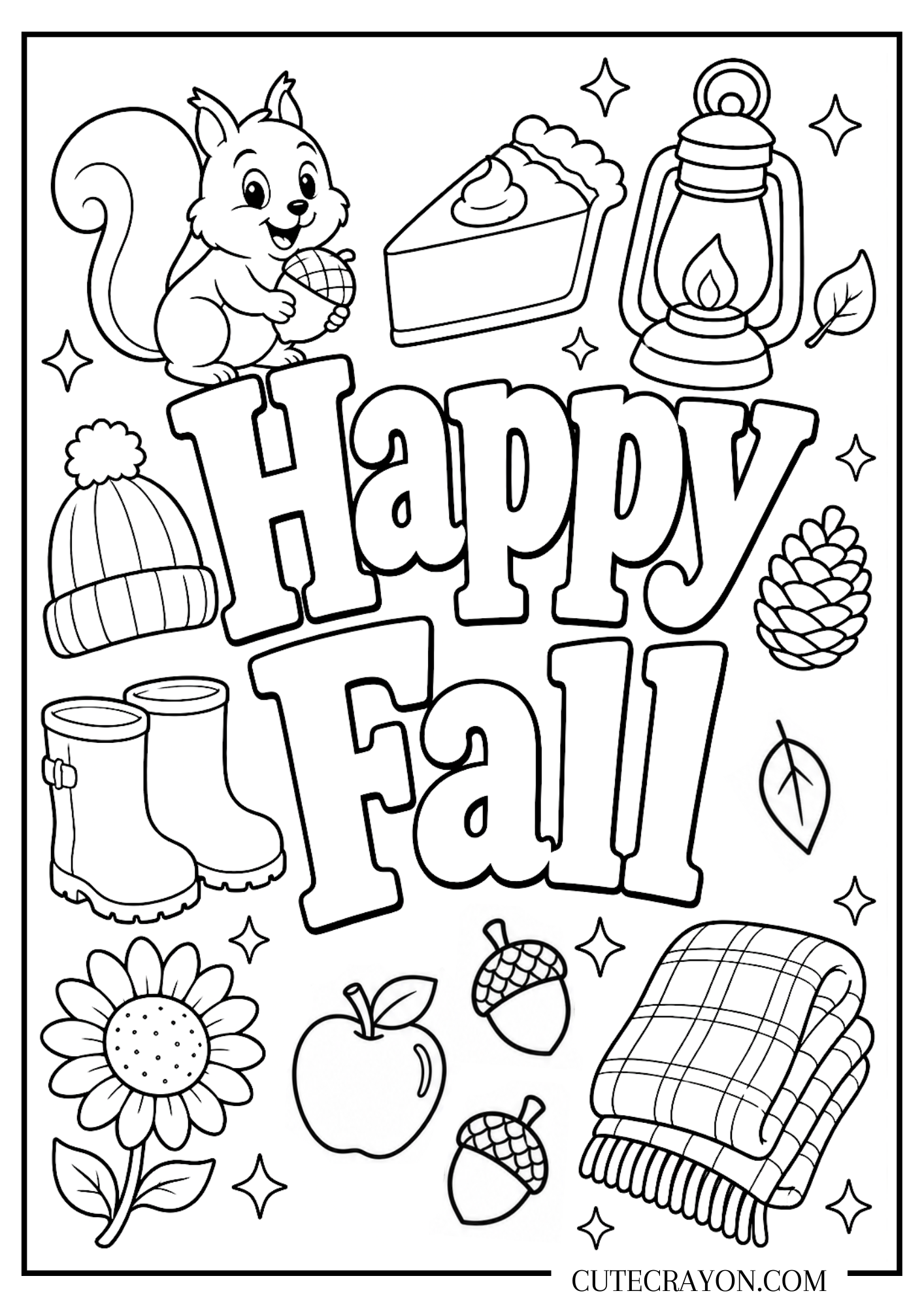 Happy fall coloring page with bold “Happy Fall” lettering surrounded by a squirrel, pie, lantern, rain boots, sunflower, apples, acorns, blanket, pinecone, and autumn leaves. It is a free printable PDF.