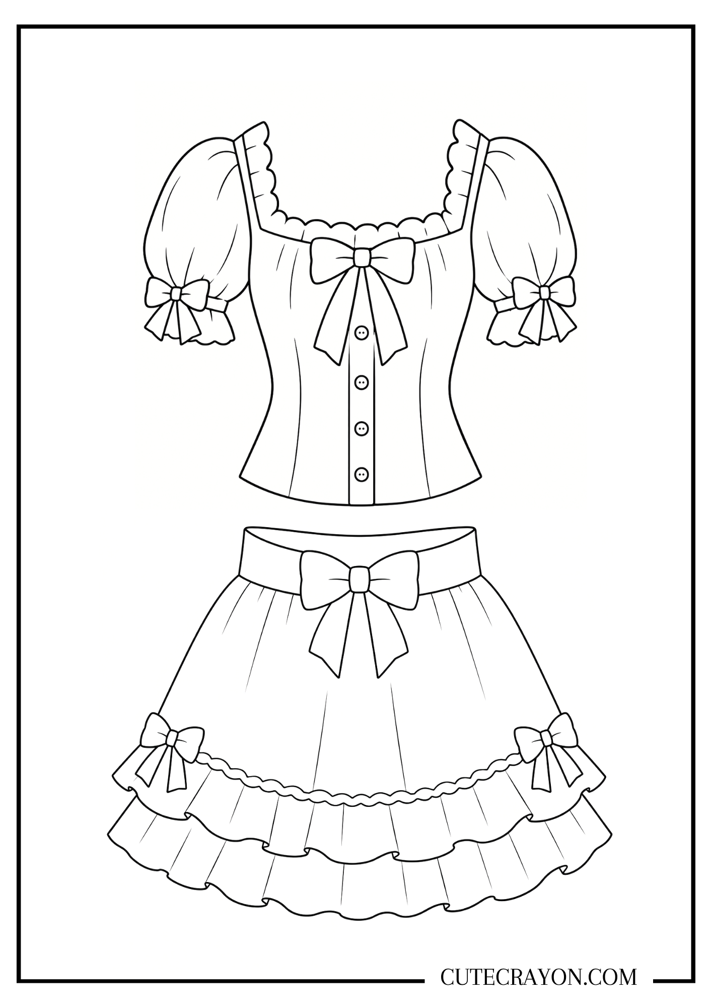 Free printable PDF coquette coloring page featuring a feminine outfit with a puff-sleeve bow top and ruffled skirt decorated with ribbons.
