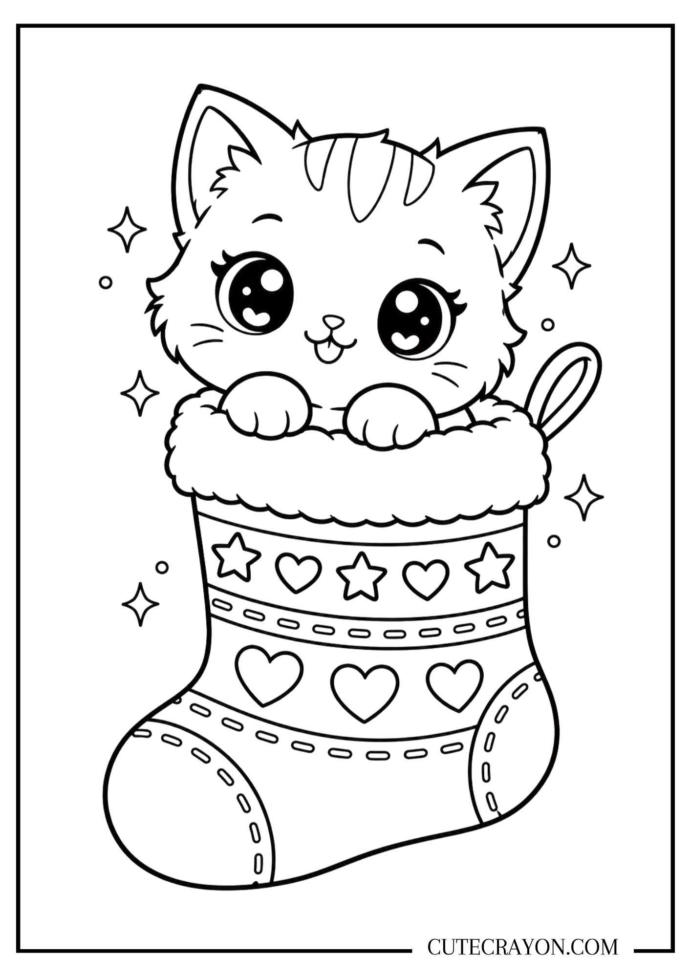 Kawaii Christmas kitten coloring page with a wide-eyed cat peeking over the fluffy top of a stocking decorated with hearts and stars.