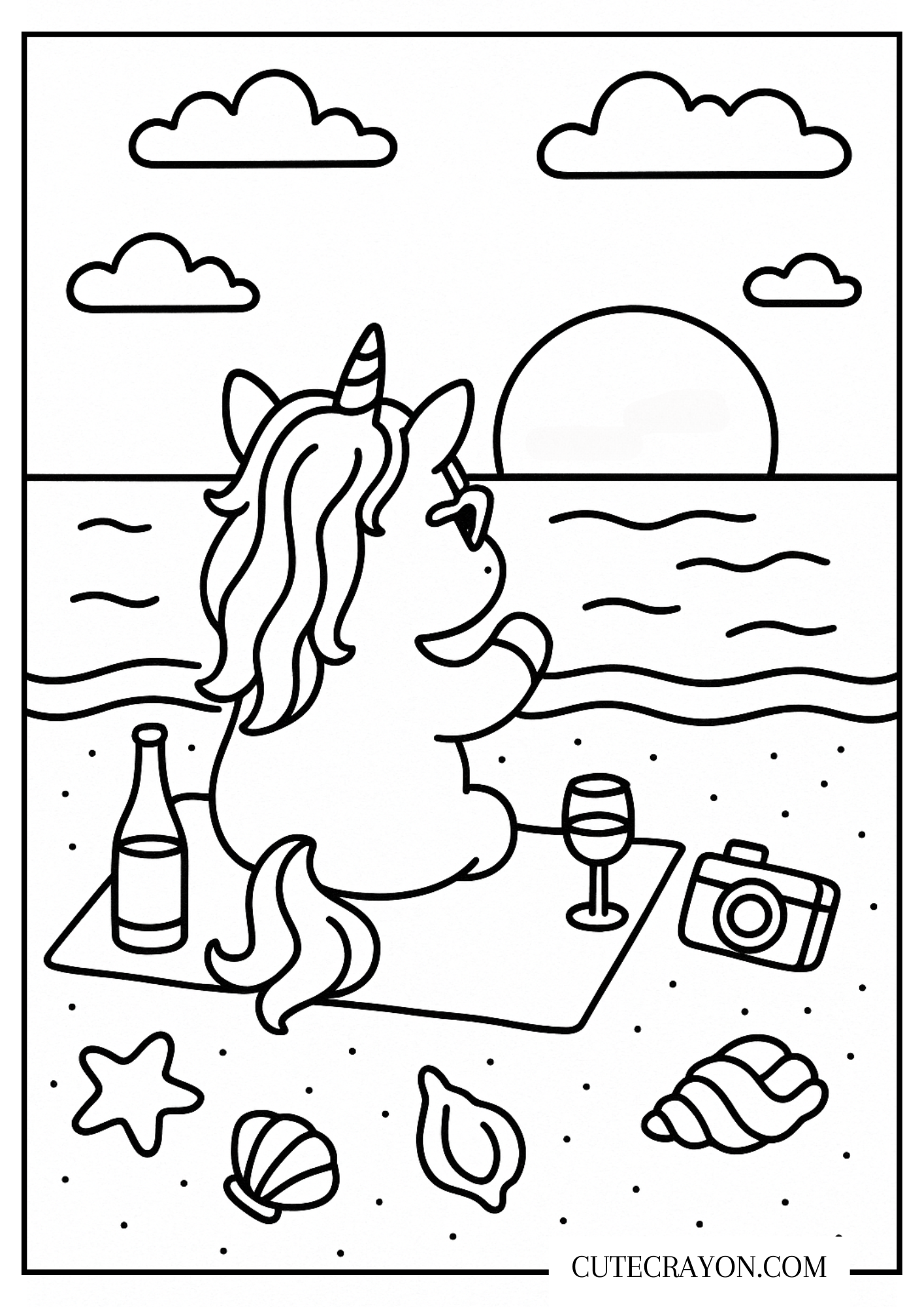 Unicorn coloring sheet showing a cute unicorn sitting on a beach blanket and watching the sunset over the ocean, with seashells, a camera, and a drink on the sand. Free printable PDF
