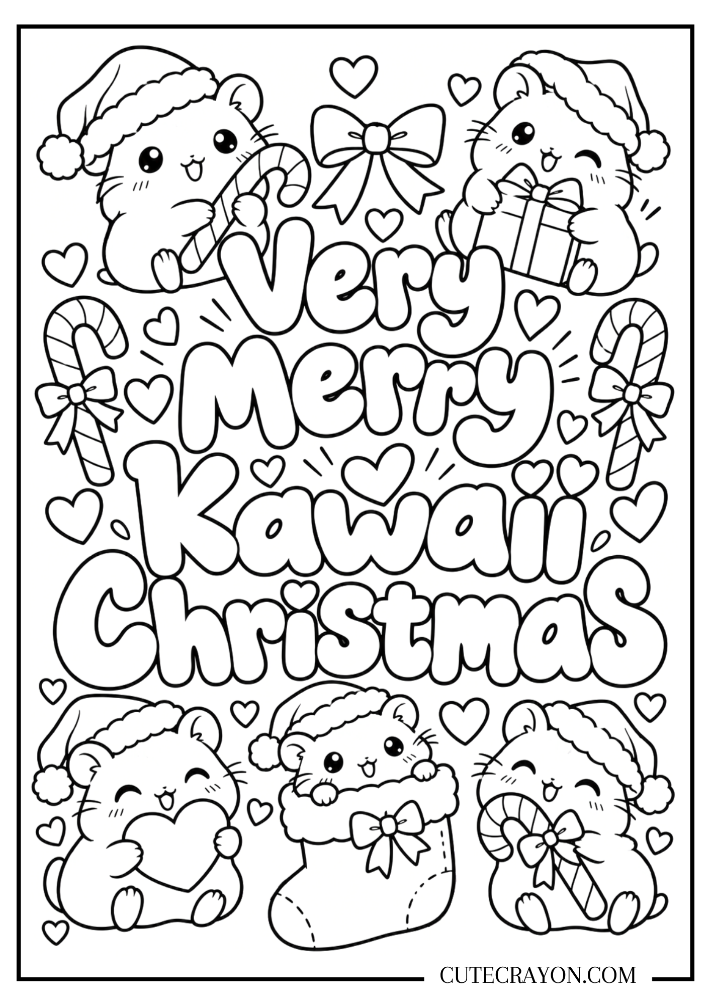 Kawaii Christmas coloring page with “Very Merry Kawaii Christmas” lettering, five hamsters in Santa hats, candy canes, hearts, and a stocking.