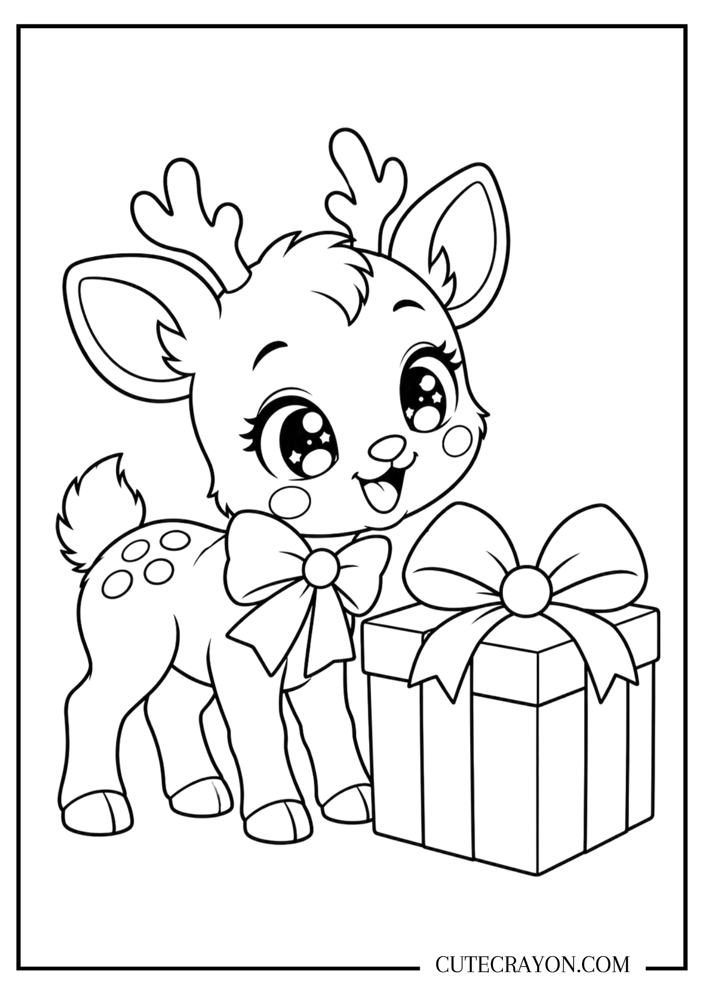 Christmas reindeer coloring page with a spotted baby reindeer wearing a bow beside a tall wrapped gift.