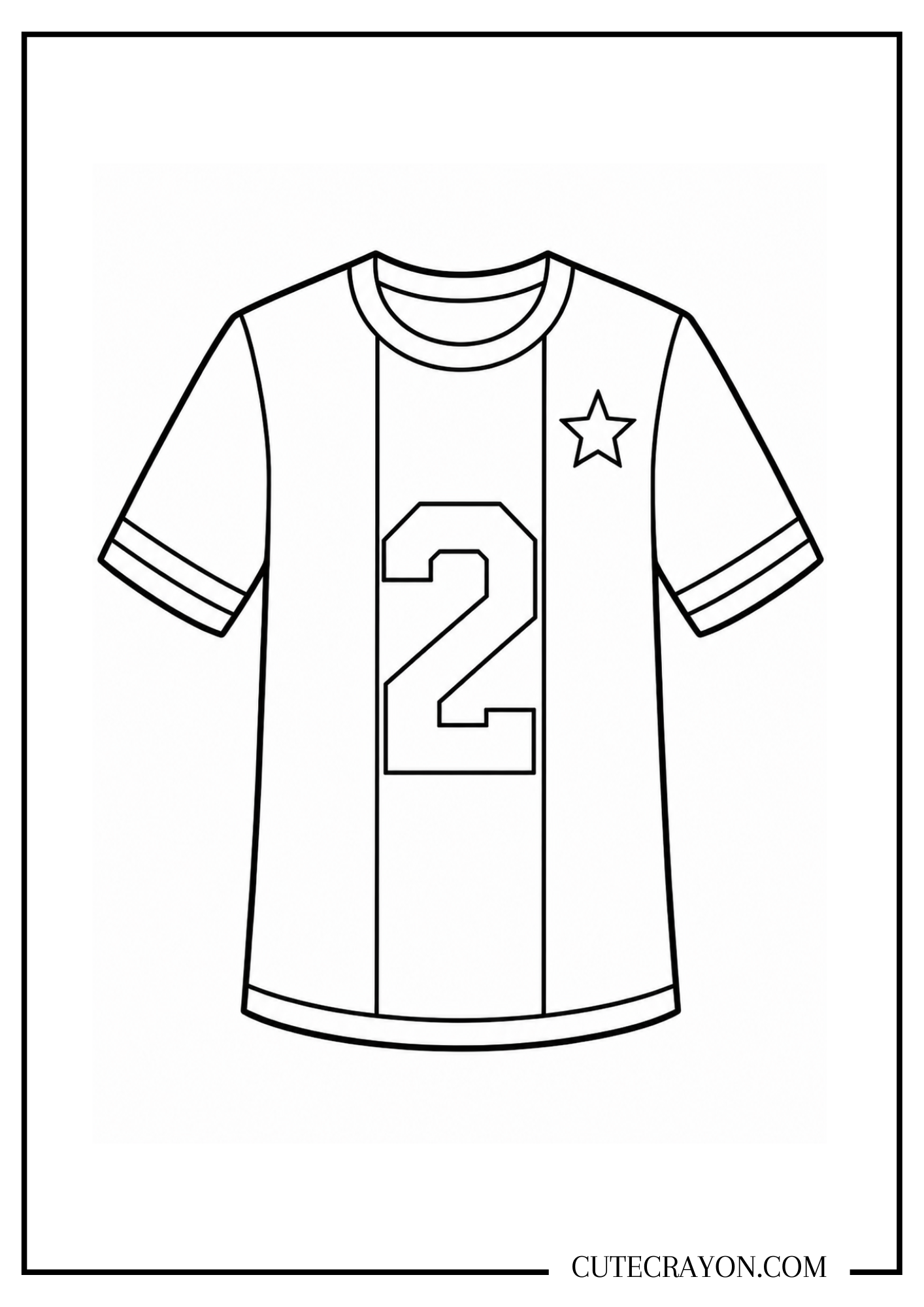 Soccer coloring page featuring a striped soccer jersey with the number 2 and a star emblem.