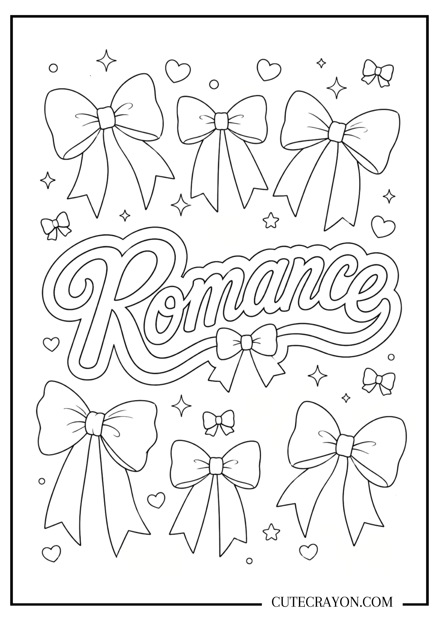 Coquette bow coloring page with the word “Romance” in large script lettering, surrounded by pretty bows, hearts, and sparkles in a cute black-and-white design.