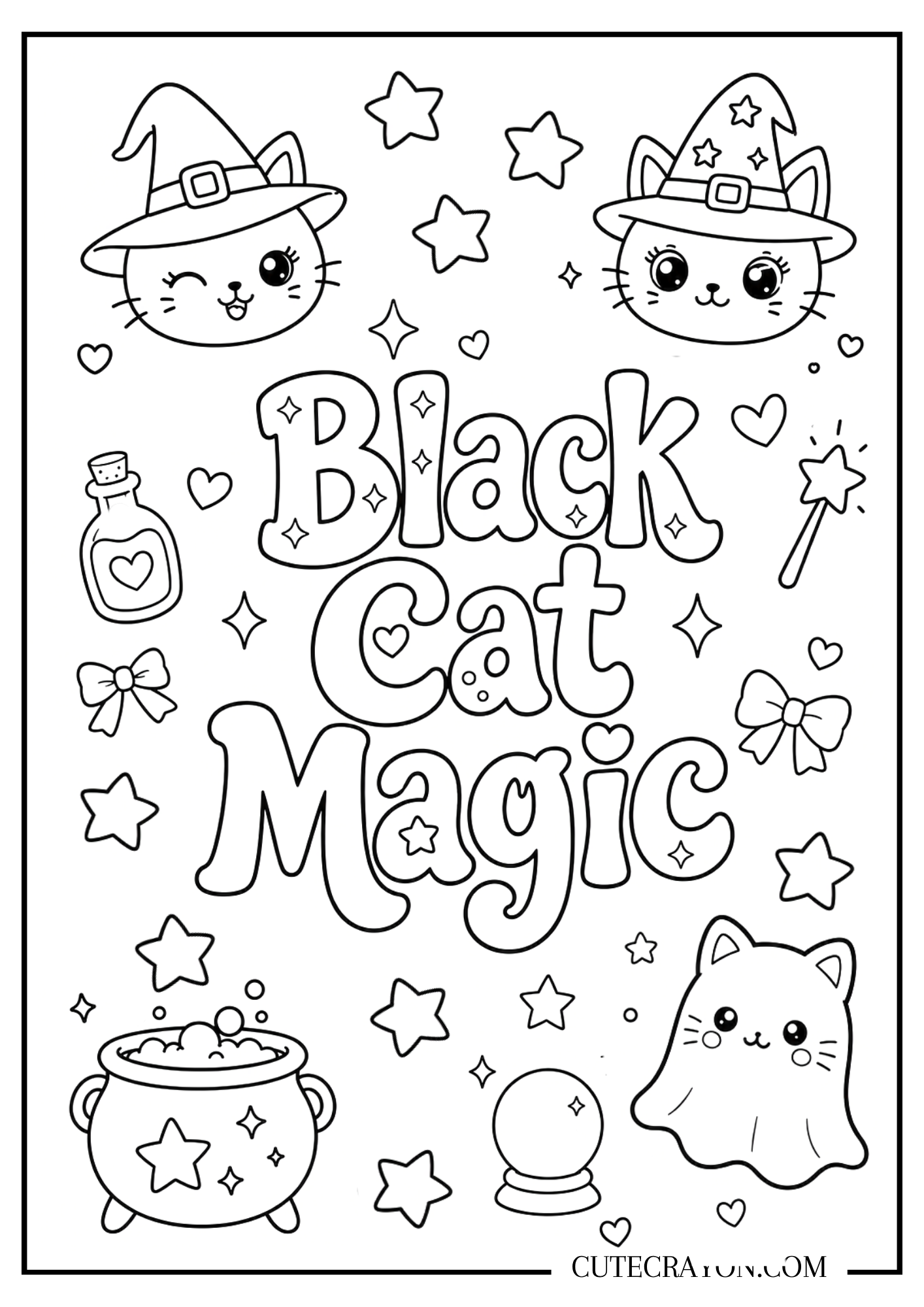 Cat Halloween coloring page featuring “Black Cat Magic” lettering with cute witch cats, a ghost cat, cauldron, magic wand, potion bottle, stars, hearts, and sparkles.