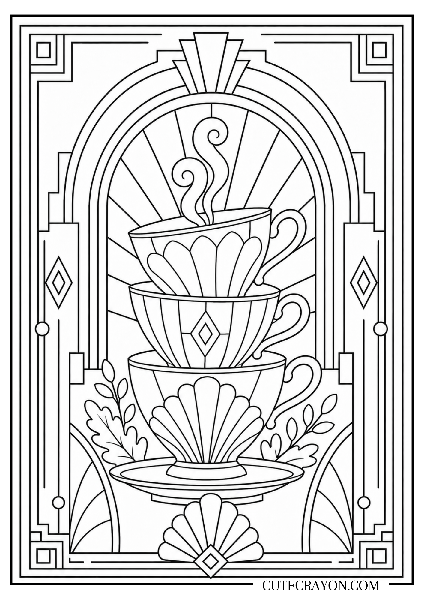 Aesthetic coloring page, free printable PDF, featuring three stacked teacups in an Art Deco–inspired frame with steam, geometric borders, leaves, and elegant vintage details.