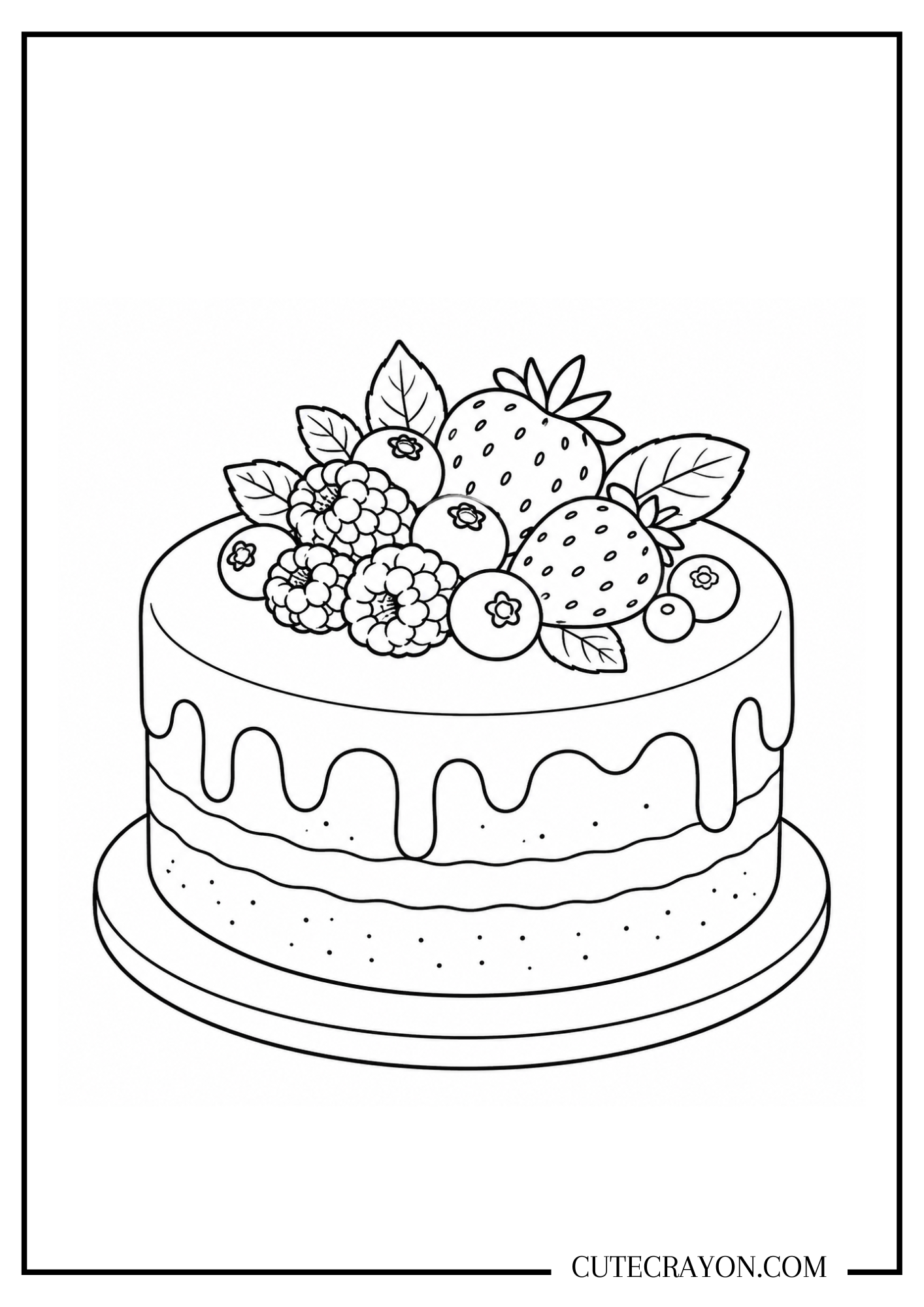 Cake picture to color featuring a round cake with dripping icing and a topping of strawberries, blueberries, raspberries, and leaves.