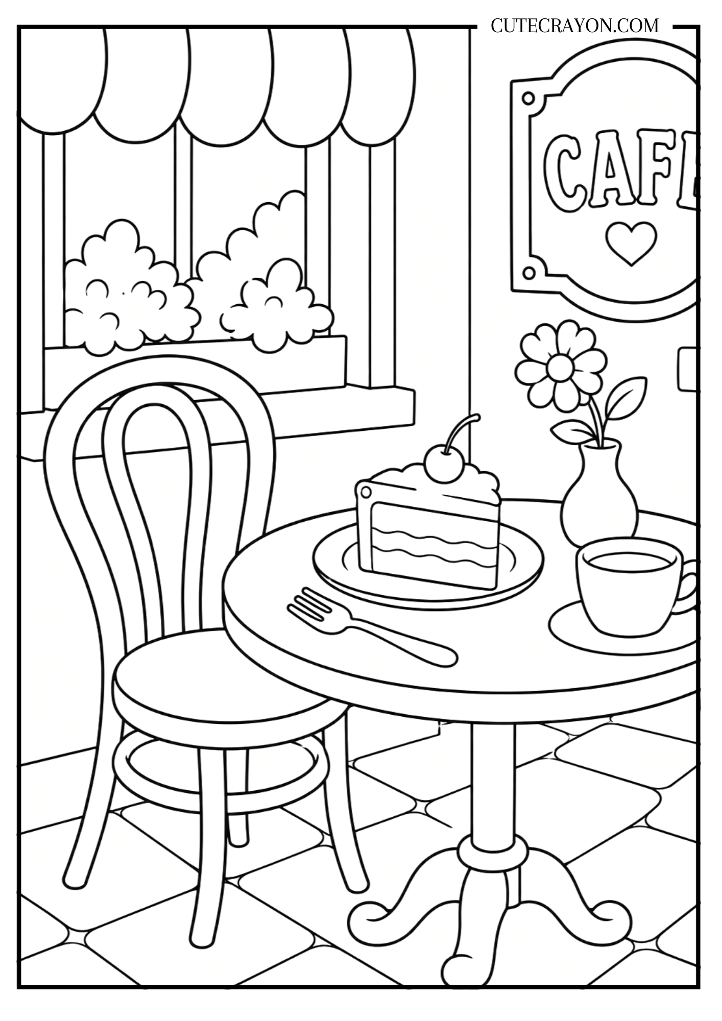 Aesthetic cafe coloring page, free printable PDF, featuring a cozy café table with a slice of cake, coffee cup, flower vase, classic chair, striped awning, and charming storefront details.