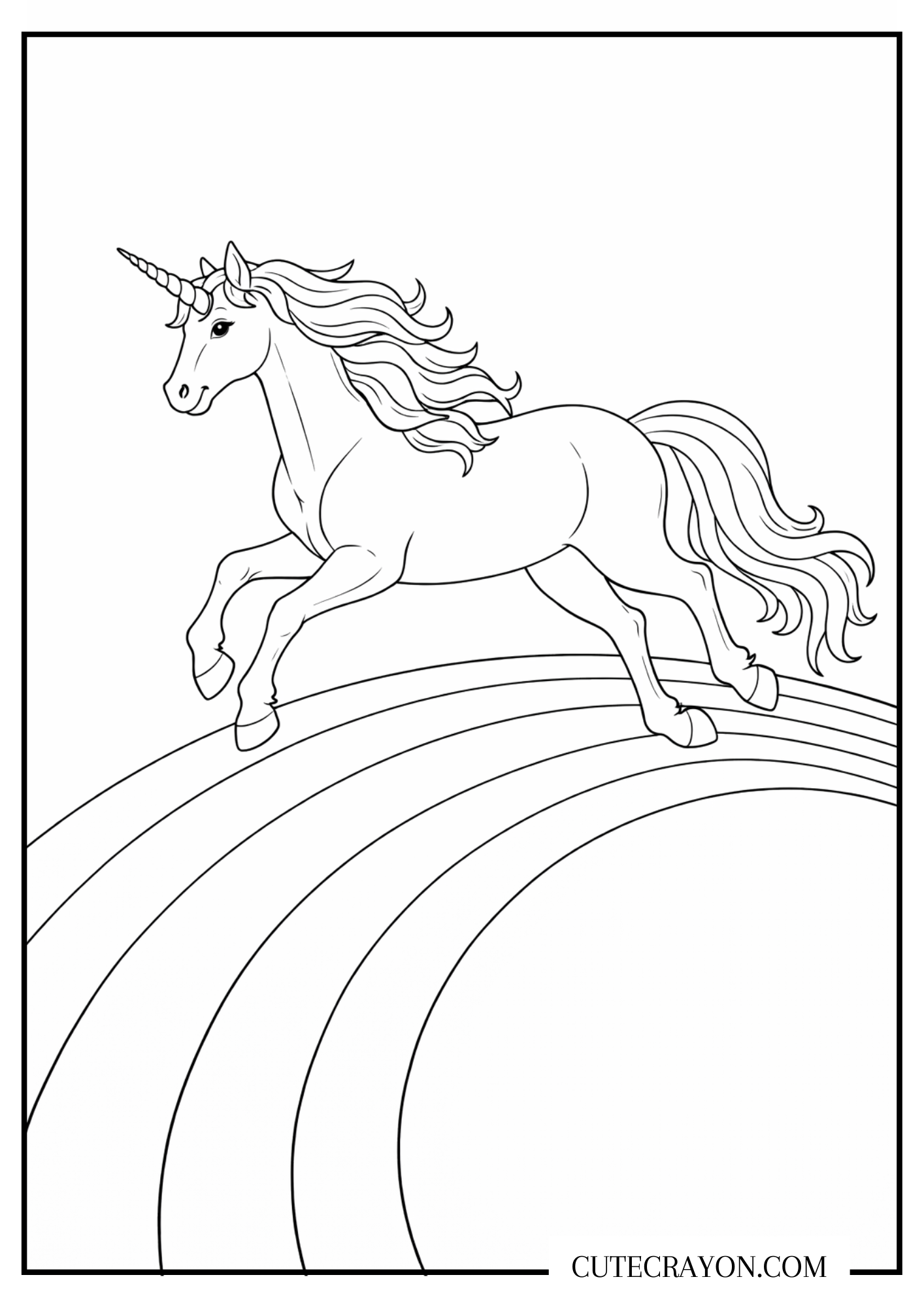 coloring page featuring a realistic unicorn jumping over a rainbow