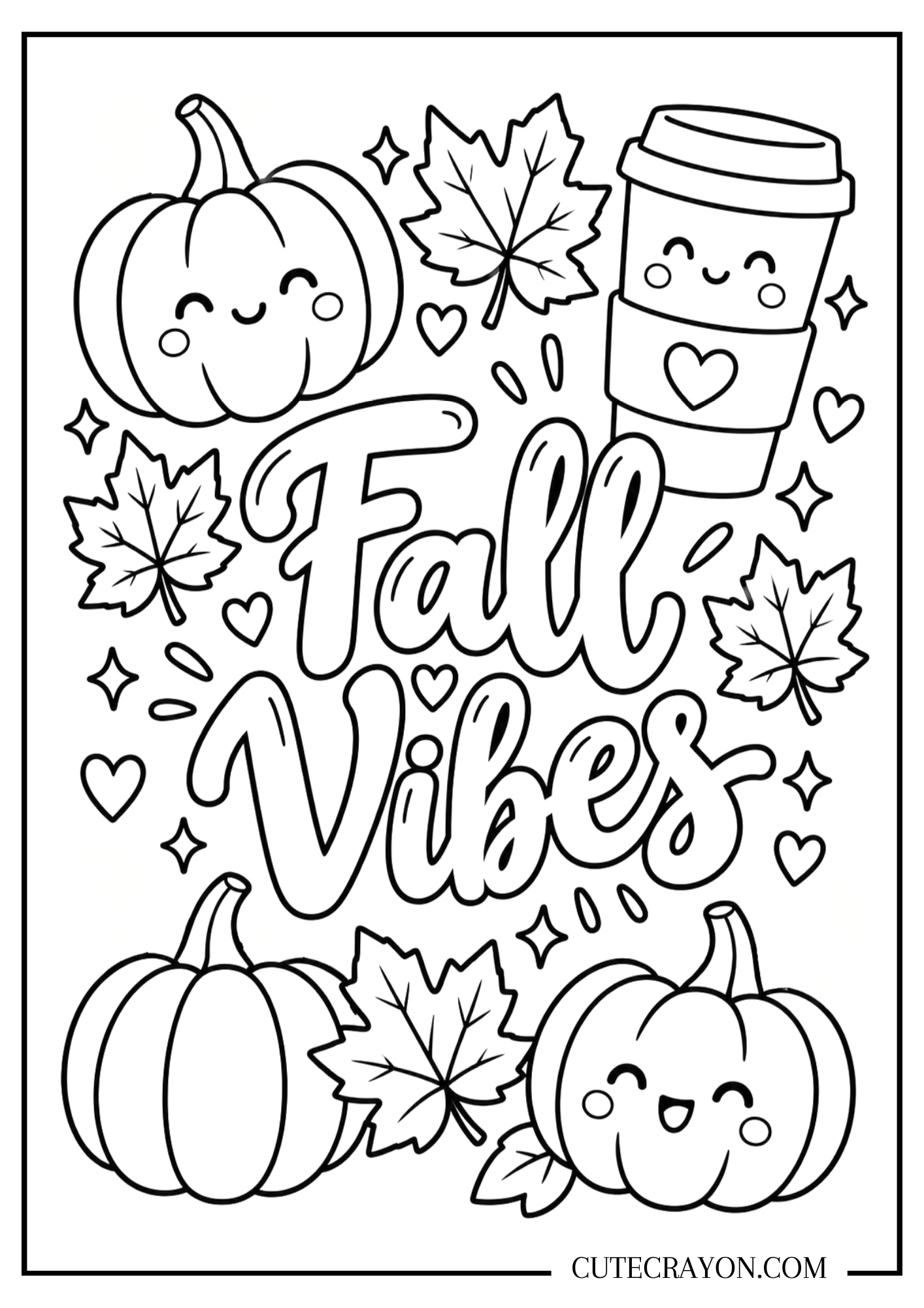 Cute fall coloring page featuring “Fall Vibes” lettering surrounded by smiling pumpkins, maple leaves, hearts, sparkles, and a cozy coffee cup.