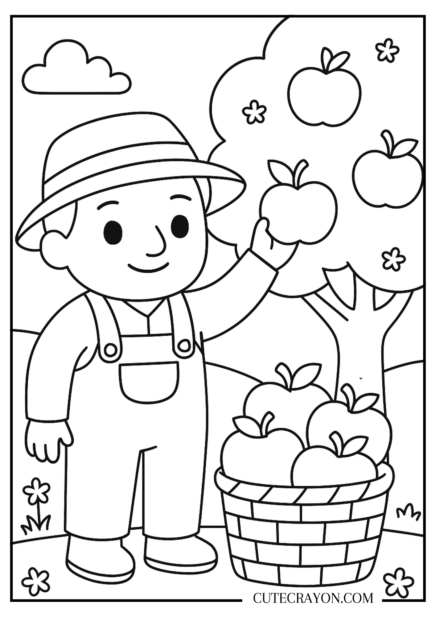 Easy fall coloring page, free printable PDF, featuring a smiling child picking apples from a tree with a basket of apples, flowers, and simple autumn details.