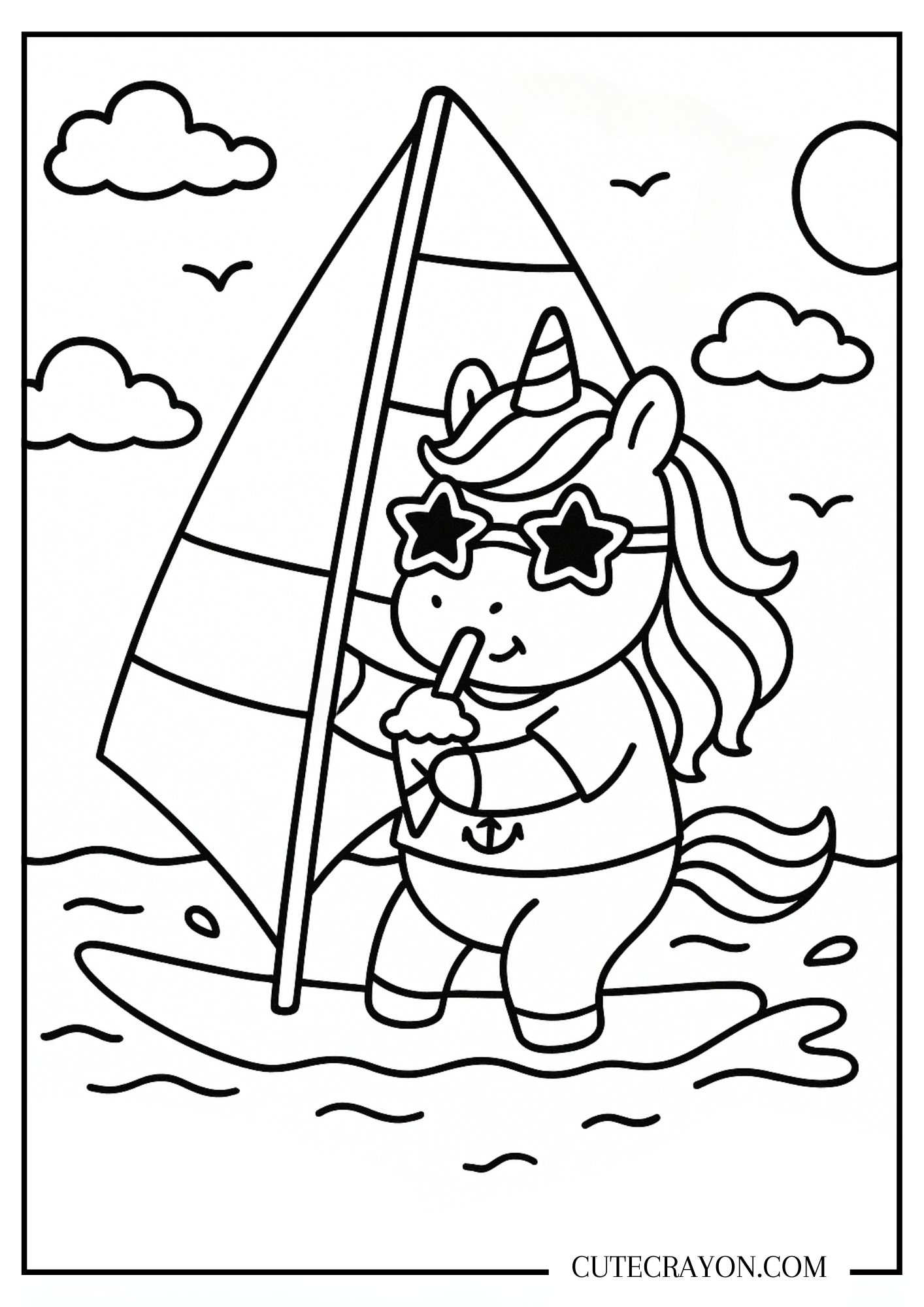 Cute unicorn windsurfing on the ocean while wearing star-shaped sunglasses and holding a drink, with a sailboard, waves, clouds, and birds in the sky. Free printable PDF