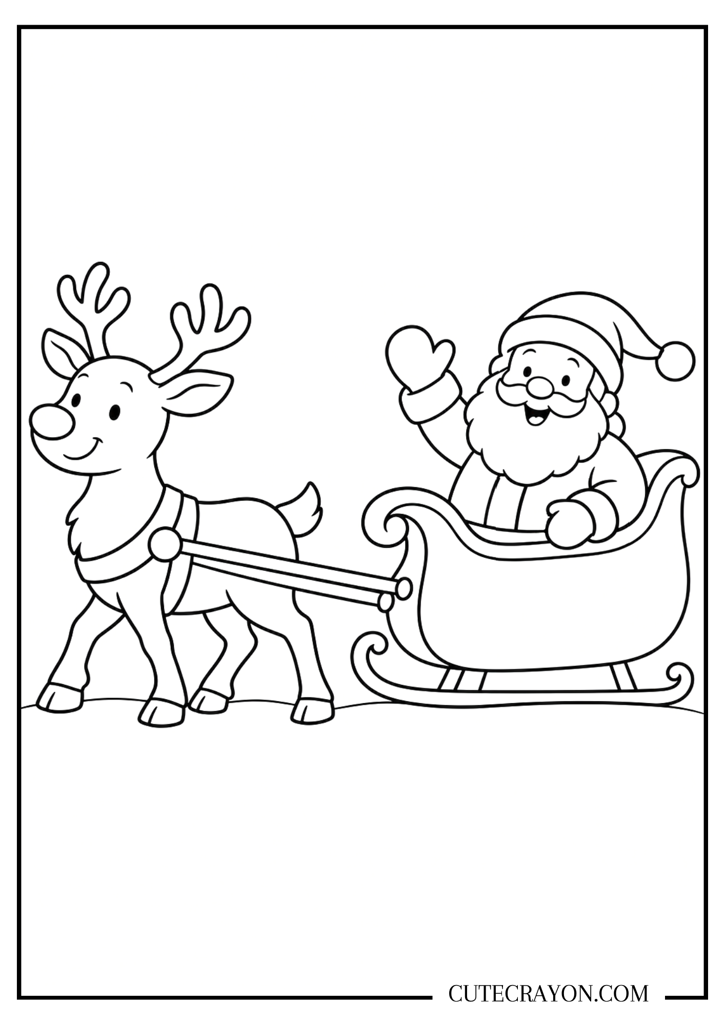 Easy Christmas reindeer coloring page with one reindeer pulling a sleigh as Santa sits inside and waves.