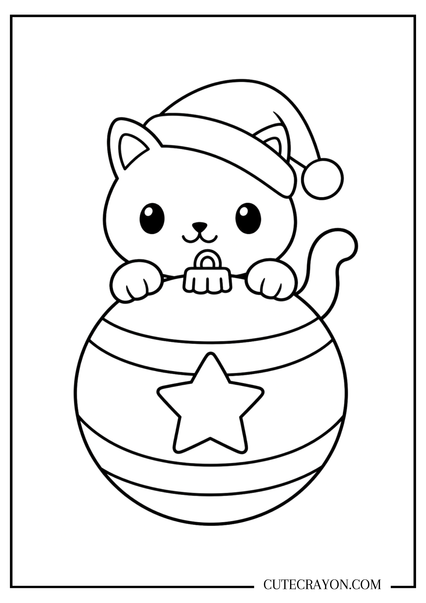 Kawaii Christmas cat coloring page with a Santa-hat kitten peeking over a large striped ornament with a star in the center.