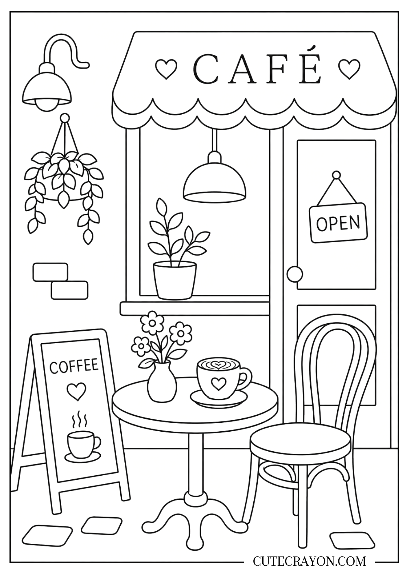 Aesthetic cafe coloring page featuring a cozy coffee shop storefront with a café awning, outdoor table, chair, latte cup, flowers, plants, and an open sign.