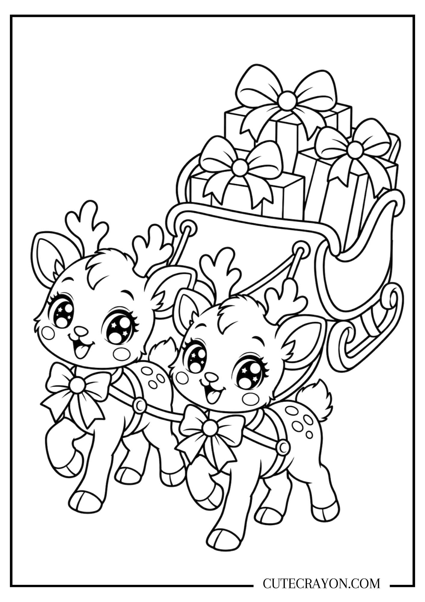 Christmas reindeer coloring page with two bow-wearing baby reindeer pulling a sleigh piled with wrapped gifts.