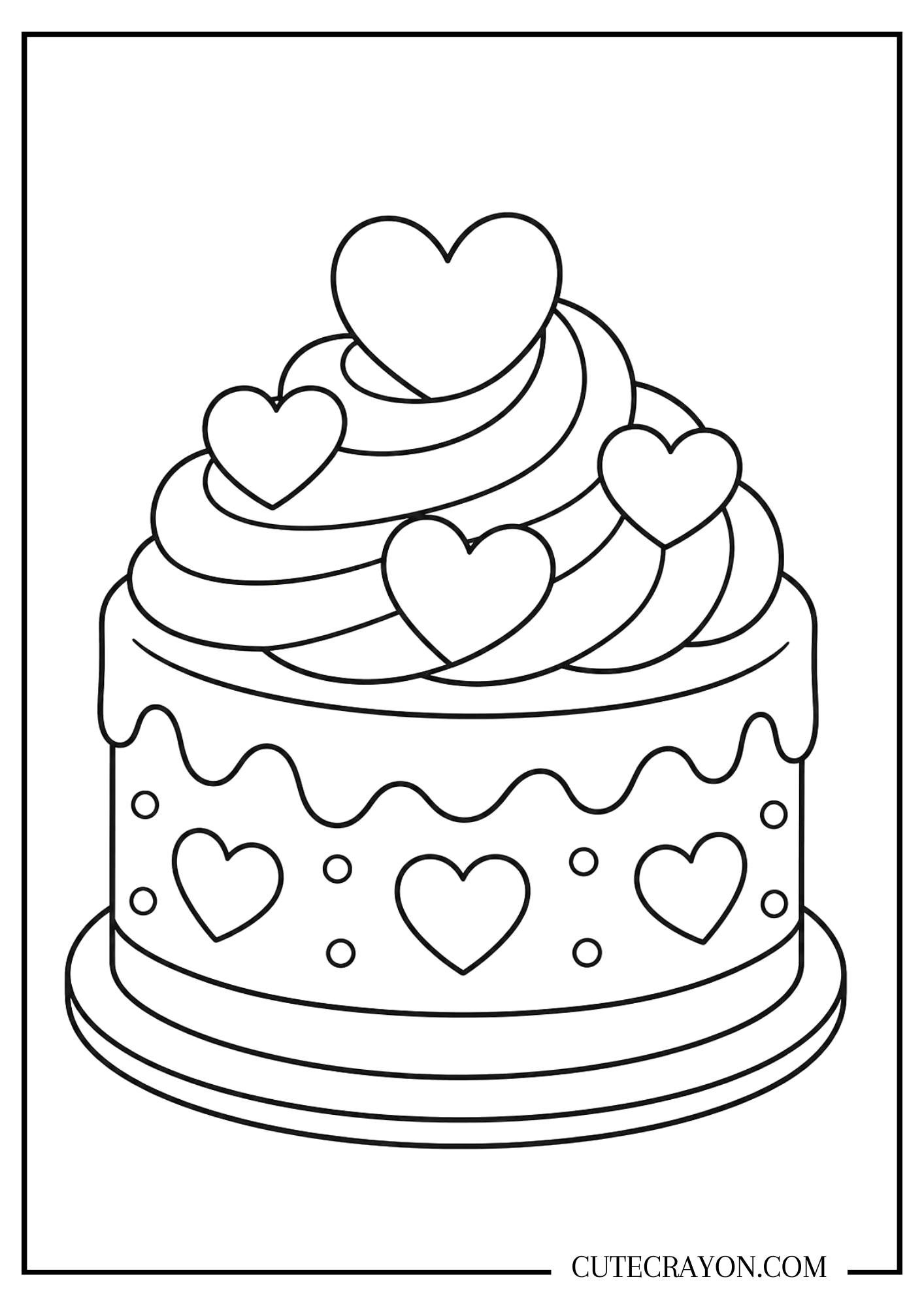 Cake coloring page, free printable PDF, featuring a cute round cake with heart decorations, drippy icing, and swirled frosting topped with heart shapes in a simple black-and-white design.