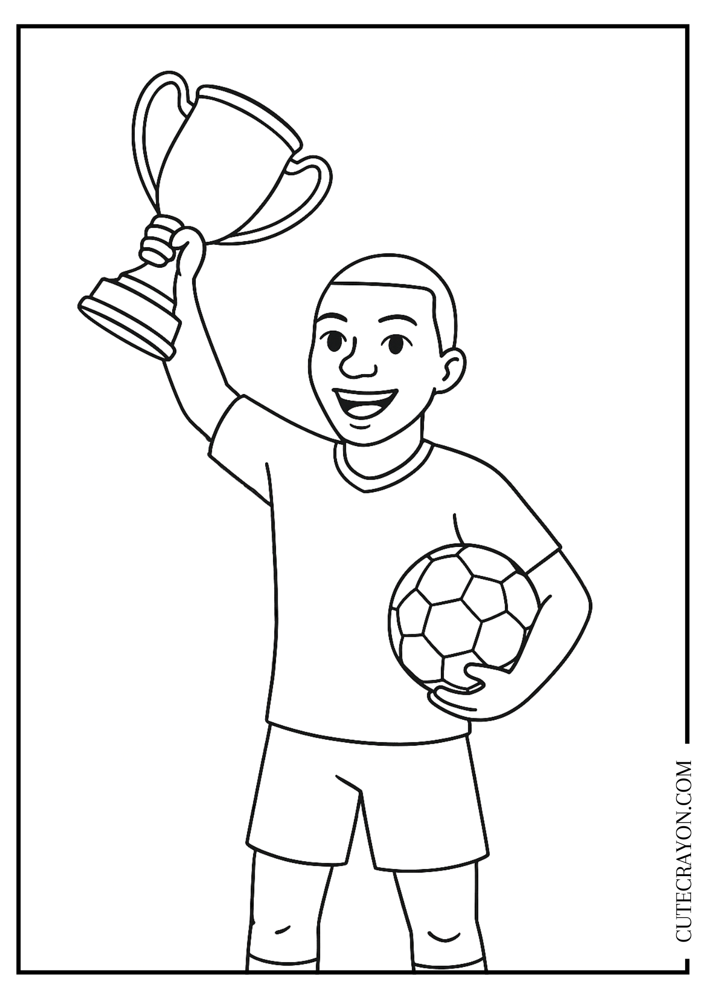 Soccer trophy coloring page featuring a soccer player holding a trophy and a soccer ball after a championship victory.