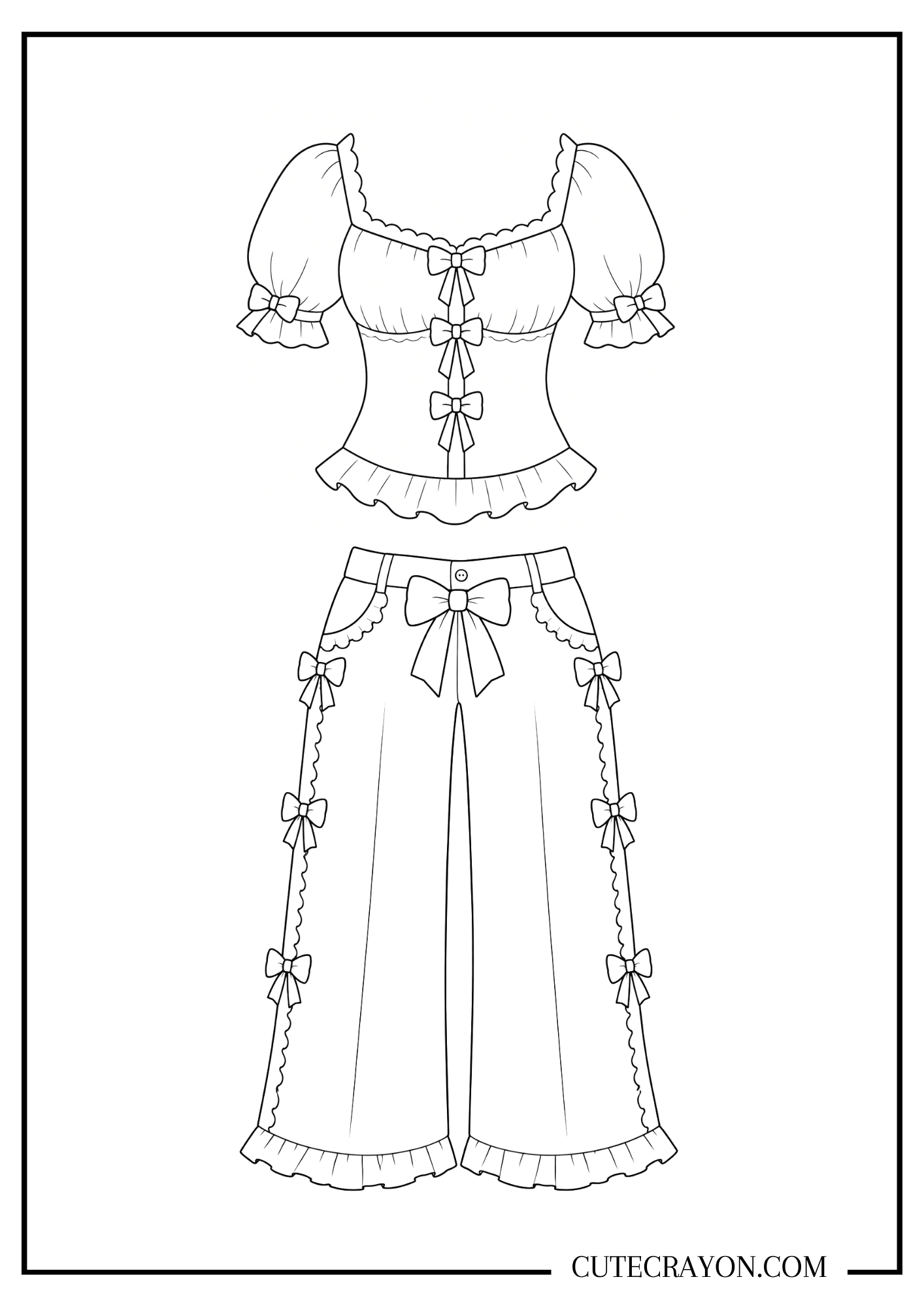 Free printable PDF coquette outfit coloring page featuring a puff-sleeve bow top and wide-leg pants decorated with ruffles and multiple ribbon bows.