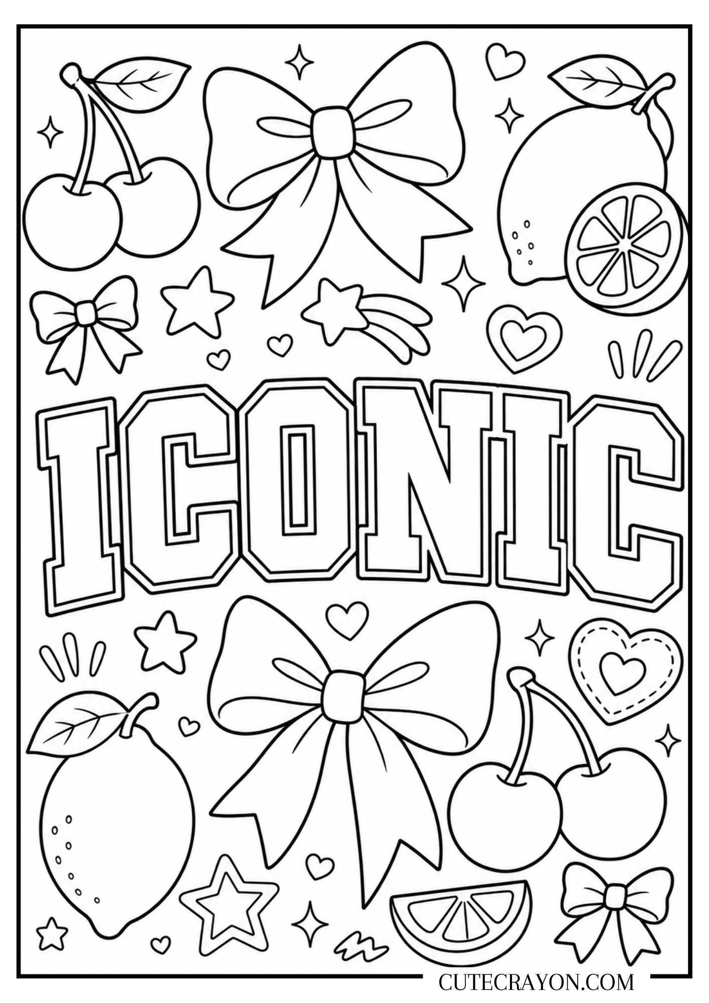 Coloring sheet for teens, free printable PDF, featuring bold “ICONIC” lettering with bows, cherries, lemons, stars, hearts, and preppy doodles.