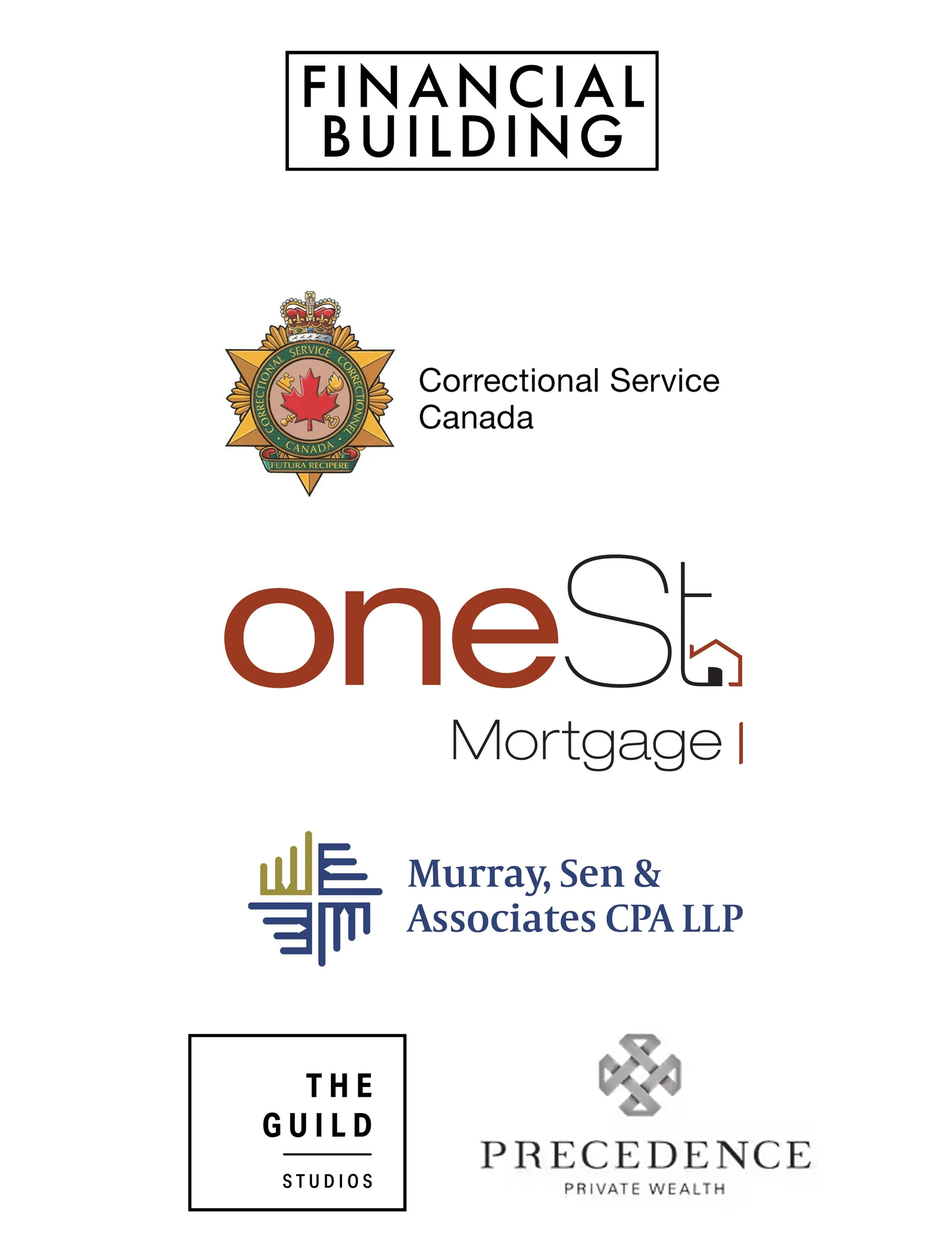 Logos of various professional and real estate companies, including Financial Building, Correctional Service Canada, oneSt Mortgage, Murray, Sen & Associates CPA LLP, The Guild Studios, and Precedence Private Wealth.