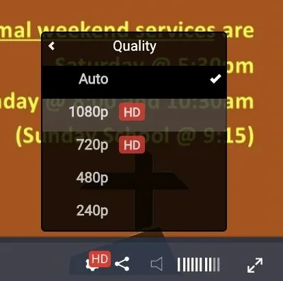 Video quality settings menu showing options for Auto, 1080p, 720p, 480p, and 240p, with HD selected.