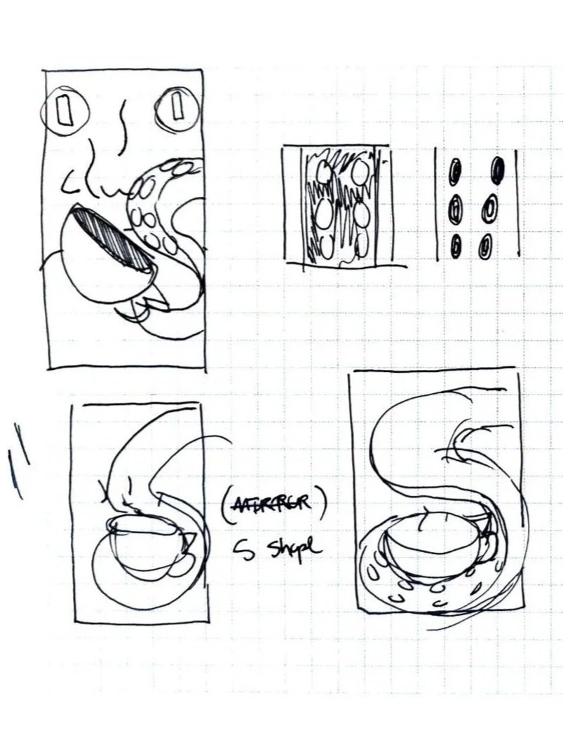 Initial sketches for the Kraken and Coffee Banner