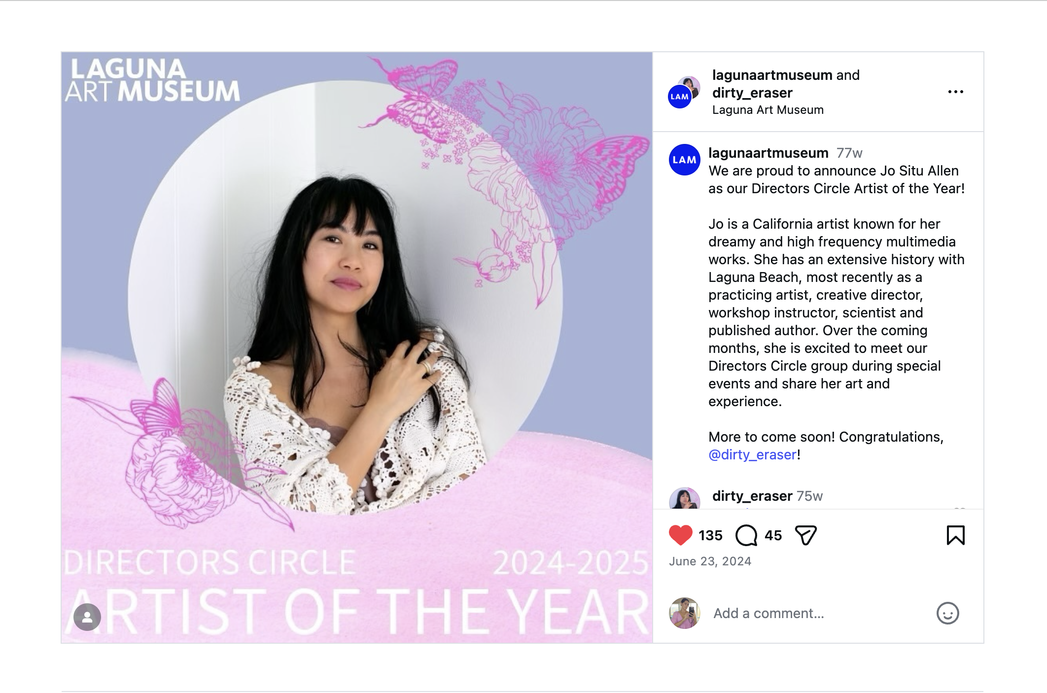 Portrait of Jo Situ Allen, a woman with long dark hair, wearing a white crocheted top, sitting against a white background with pink floral and butterfly artistic illustrations, and text indicating she is the 2024-2025 Artist of the Year at Laguna Art Museum.