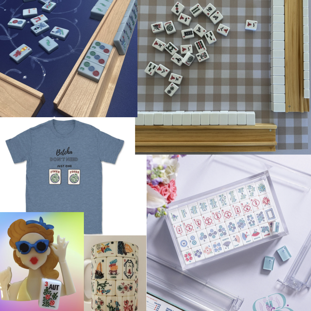 Beginners American Mahjong at Scripps Ranch, San Diego. Collage featuring Mahjong tiles, a blue T-shirt with Mahjong design, and Mahjong-themed cup and statue.