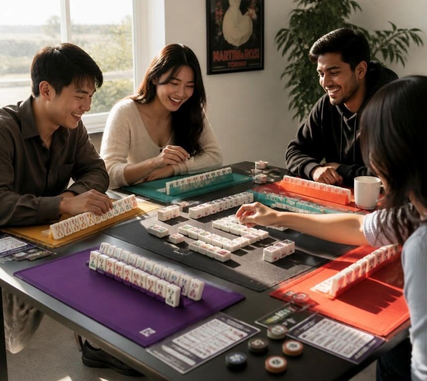 Incorrect and bad AI image of 4 people playing Mahjong