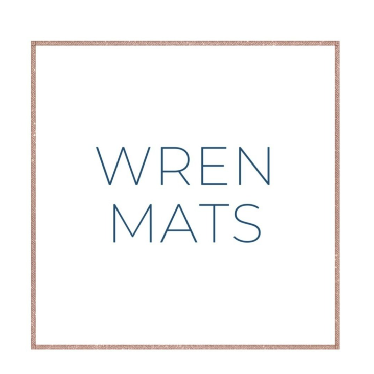 Logo with text 'Wren Mats' on a white background with a brown border.