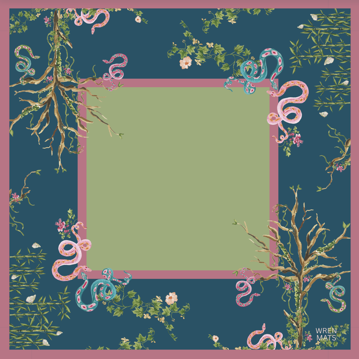 Beautiful mahjong mat from Wren Mats, with flowering plants on a teal background, with a central pale green area and pink border.