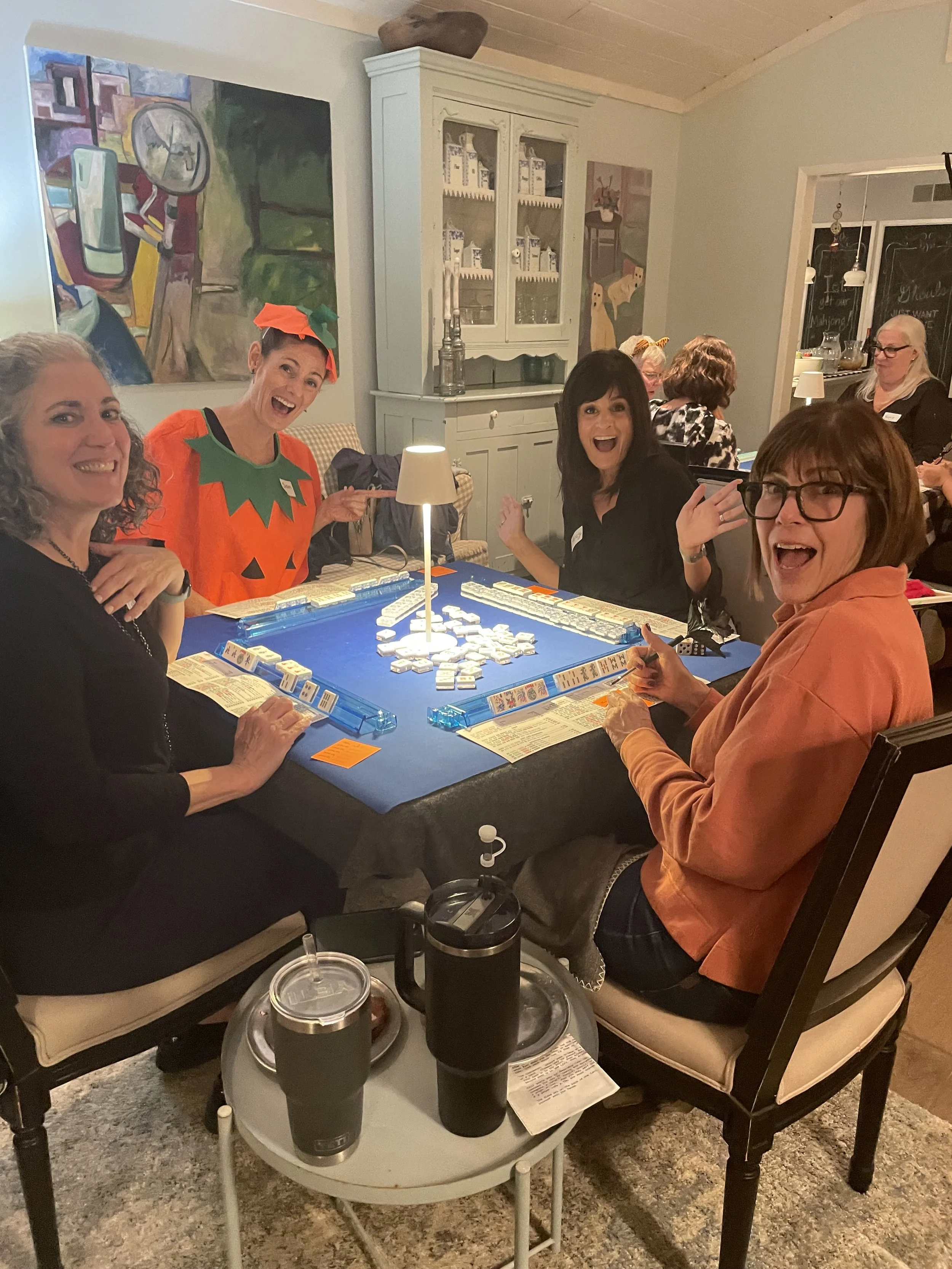 Beginners American Mahjong Halloween event at Scripps Ranch, San Diego . Players at a Halloween Mahjong party.