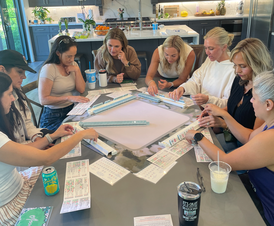 Beginners American Mahjong, San Diego students enjoying a custom class around a kitchen table