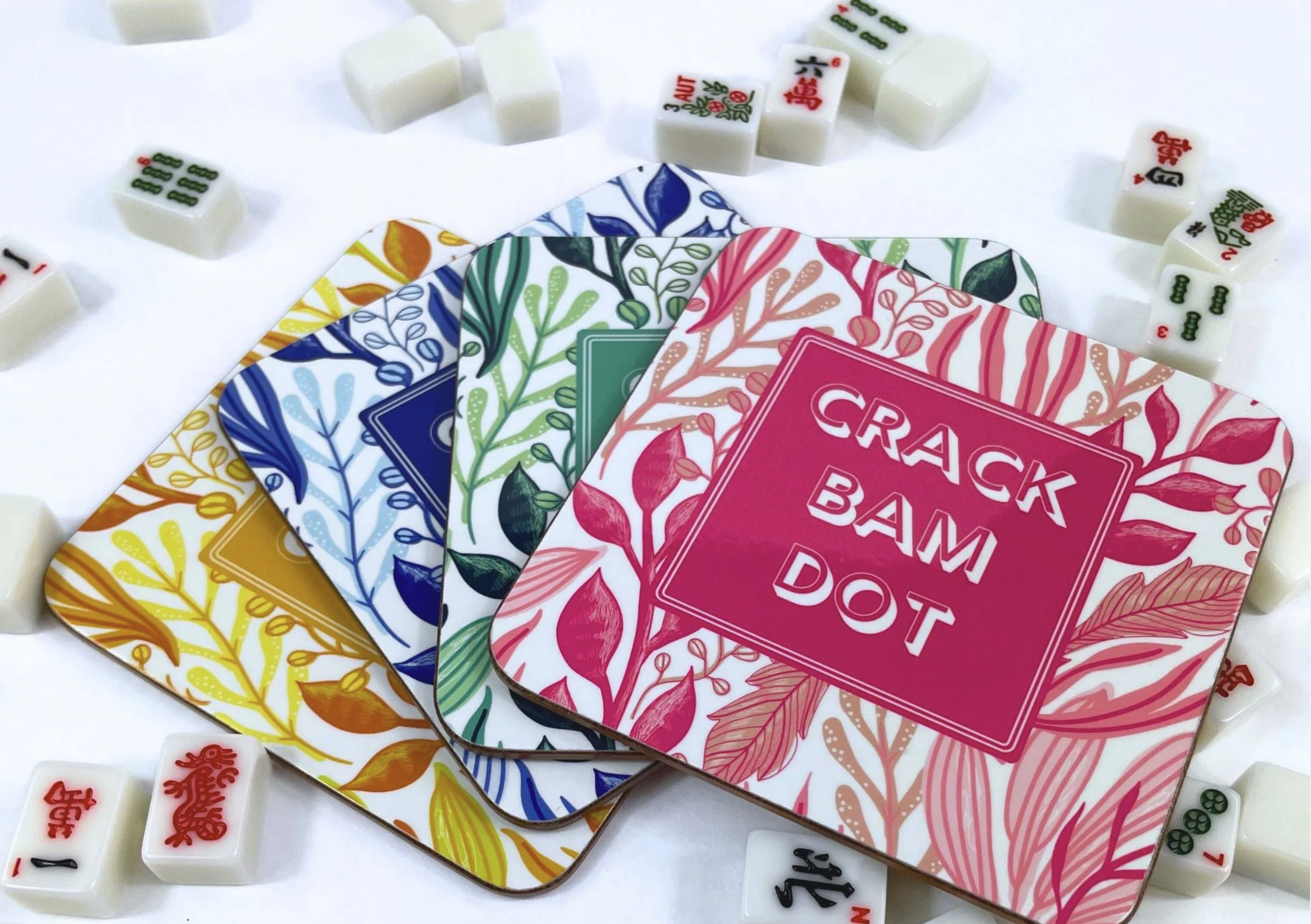 Colorful mahjong coasters with tile designs