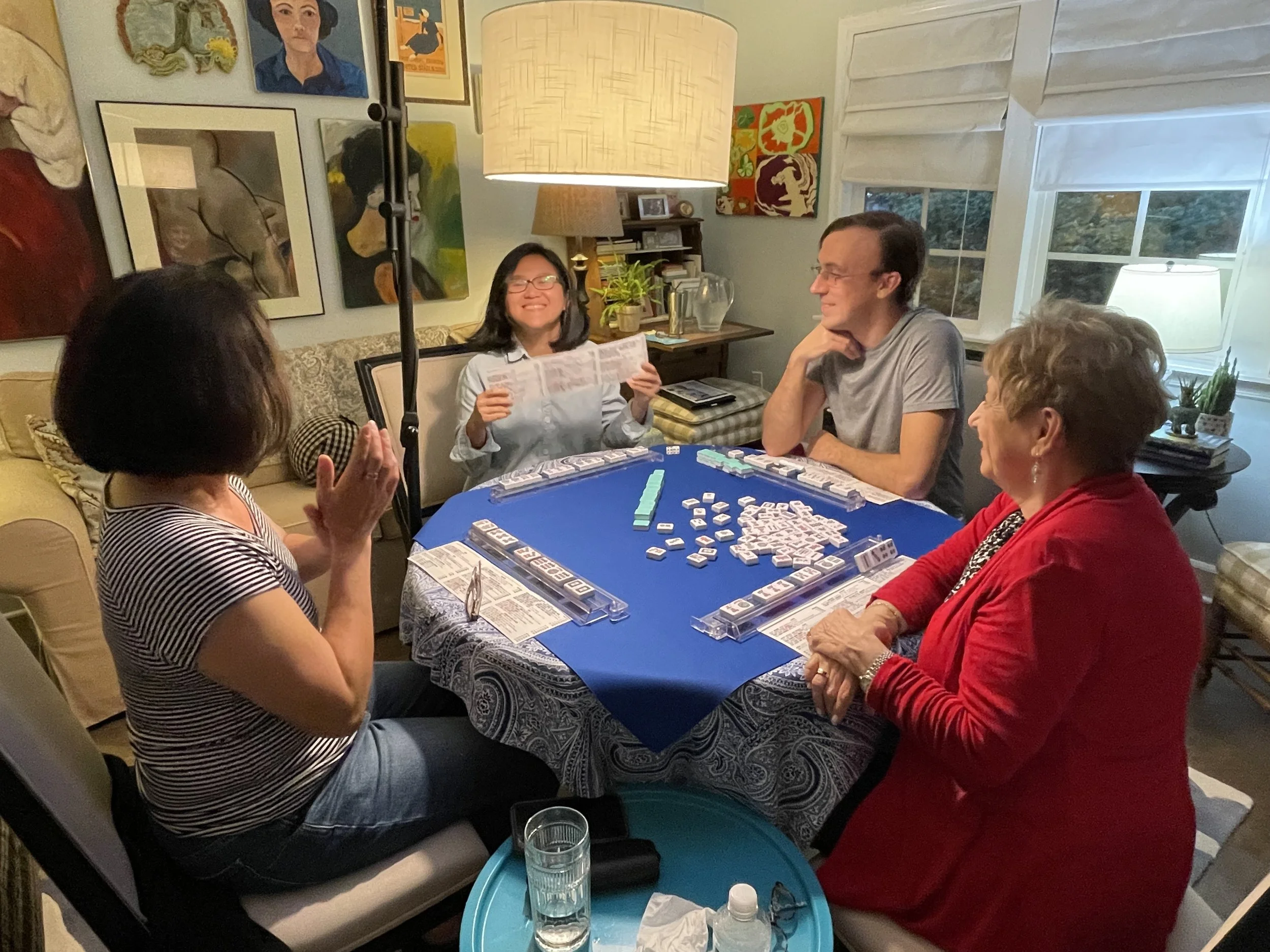 Beginners American Mahjong class at Scripps Ranch, San Diego, player showing a winning hand.