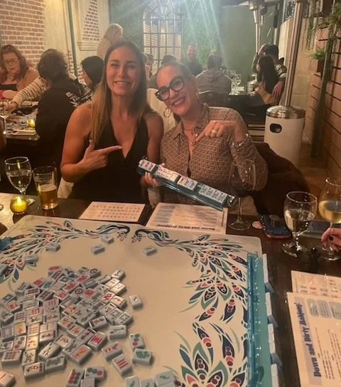 Beginners American Mahjong, San Diego teaching Mahjong to 3 tables of people at a restaurant promotion