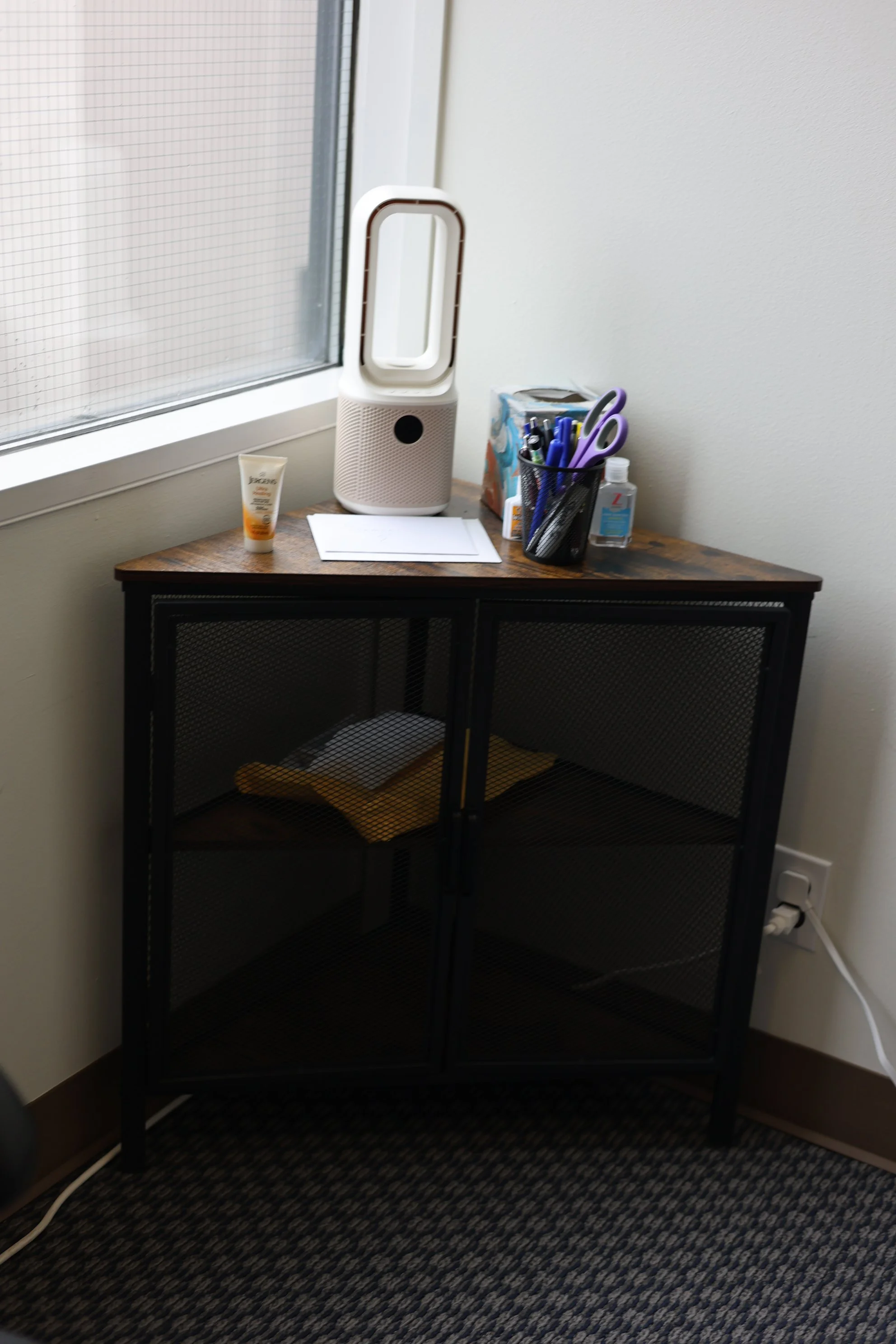 Corner Brown and Black Cabinet with Shelves and Doors