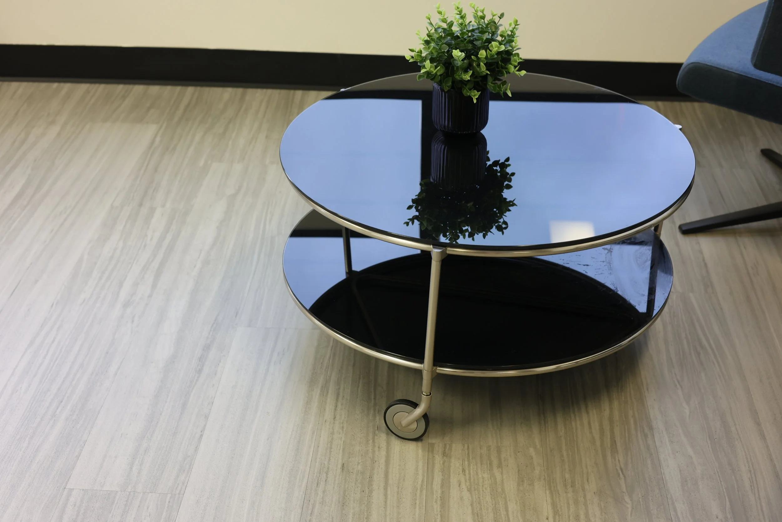 Round Black Glass Coffee Table – Rolling Base – 30”