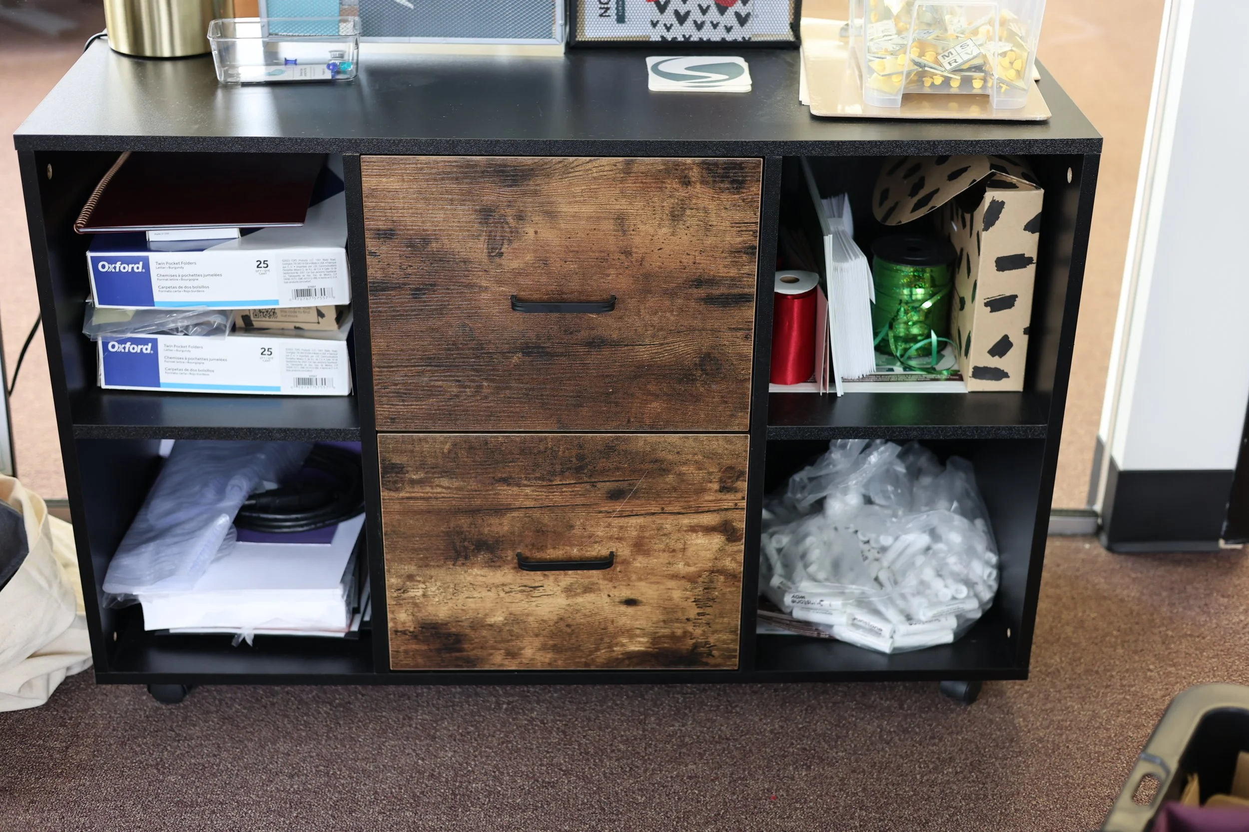 Black and Brown wooden Storage Shelf with Drawers
